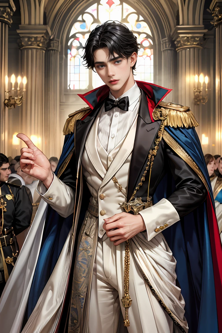 masterpiece, 最high quality, high quality, 1 boy, alone, Male focus, Watching the audience, Messy black hair, Adorable big blue eyes, White, Noble, Noble,Sexy voluminous cape、Tuxedo、A very voluminous, large, very large, very large, long, long red and black cape with a high stand-up collar, reaching down to the floor, made of a lot of fabric., 17 years old,Cute beautiful boys,Cute, cute, kind, handsome guy