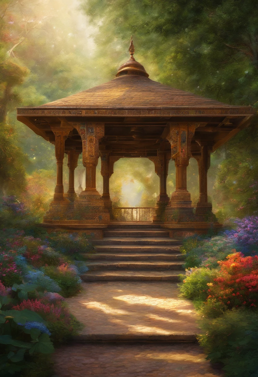 A space for relaxation,Egyptian-style gazebo,Meditation Room,A place to relax,Warm Architecture,Gentle sunlight,Utopia.