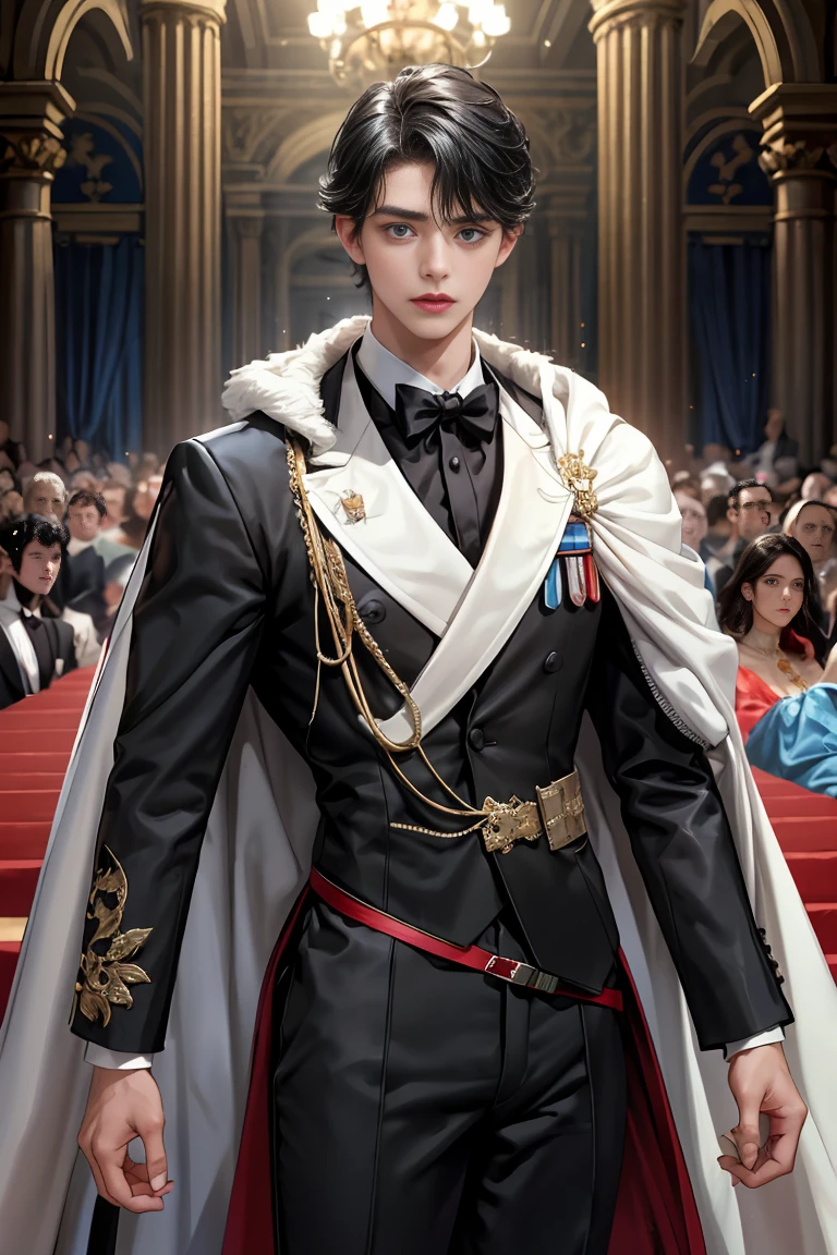 masterpiece, 最high quality, high quality, 1 boy, alone, Male focus, Watching the audience, Messy black hair, Adorable big blue eyes, White, Noble, Noble,Sexy voluminous cape、Tuxedo、A very voluminous, large, very large, very large, long, long red and black cape with a high stand-up collar, reaching down to the floor, made of a lot of fabric., ,Cute beautiful boys,Cute, cute, kind, handsome guy
