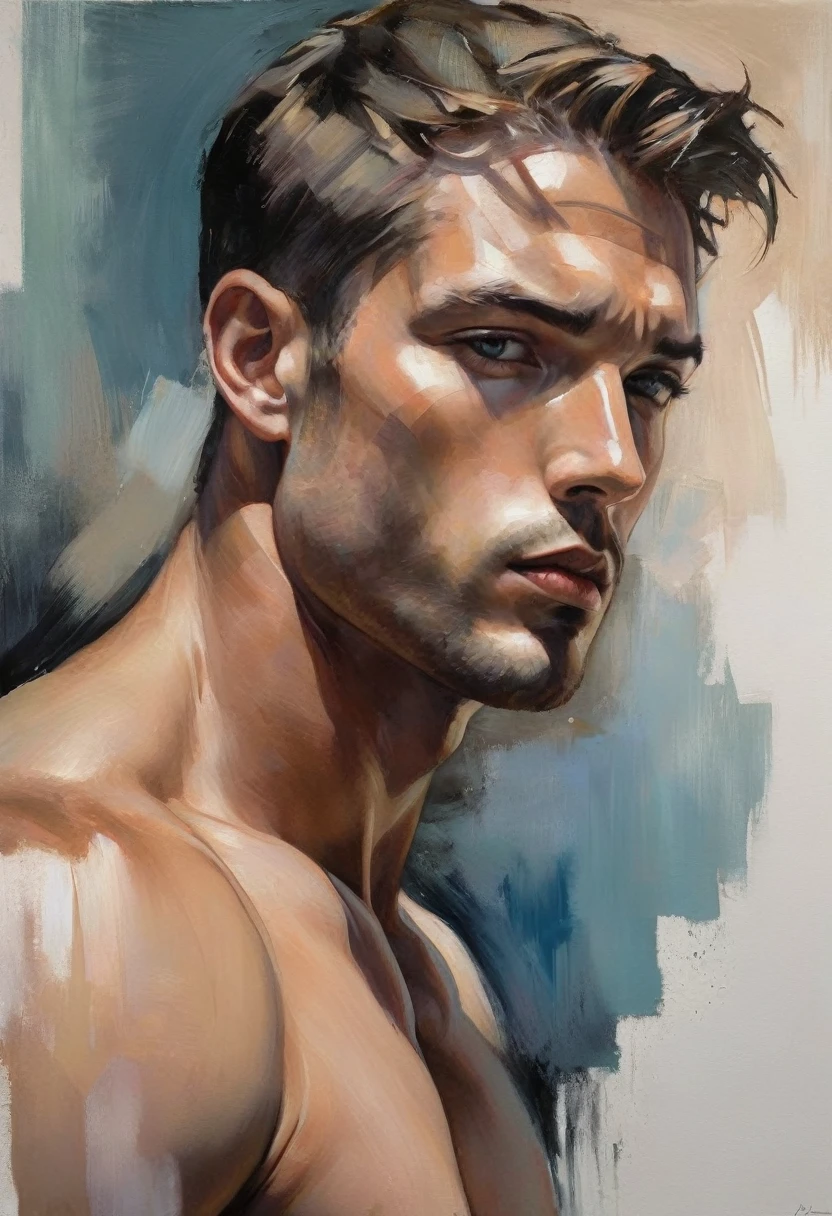 background chiaroscuro technique on sensual illustration of Handsome, square jaws,fit body,side view,head up,naked,nude,muscular body,six pack abs,tan skin,muscular arms,big hands,half bosy,white tight underwear,white , mid-shot of a hunky, the model draped in flowing, thick oil painting by Harumi Hironaka, extremely soft colors, vibrant, highly detailed, malcolm liepke painting, oil on canvas, high contrast, dramatic, refined, tonal, a thick textured oil painting, impasto brushstrokes, dry brushing,revealing underlayers, abstract landscape, moody lighting, dramatic shadows, muted earthy colors, vibrant colors, highly detailed, masterpiece,