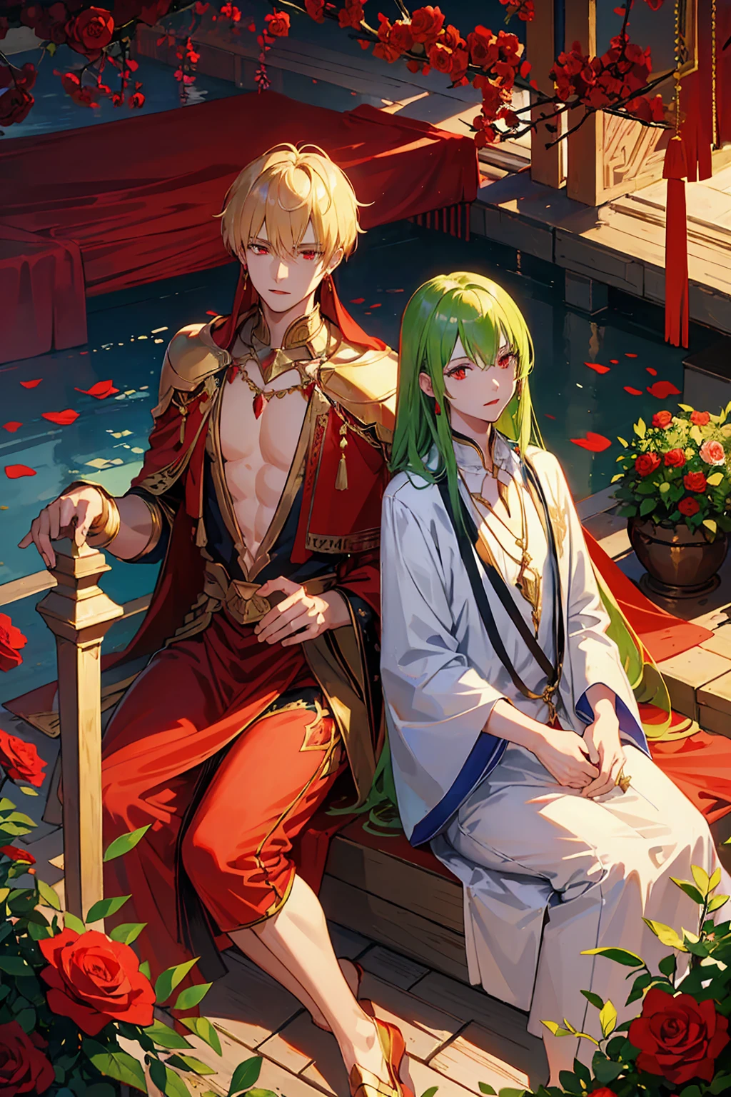 absurd resolution, high resolution, ultra detailed, HDR, master piece, best quality, extremely detailed face and eyes, beautiful vibrant red eyes, caster Gilgamesh x Enkidu, gay couple, two men only, handsome, garden, red roses, petals, arabian clothes