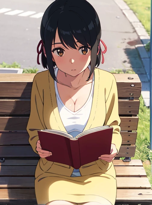 1girl, black hair, brown eyes, short hair, har band, hair ribbon, yellow cardigan, cleavage, white dress skirt, perfect anatomy, cowboyshot, sit on bench chair, reading a book, outdoors, school university, sky, school building, solo, solo focus, pov, looking at the viewer,