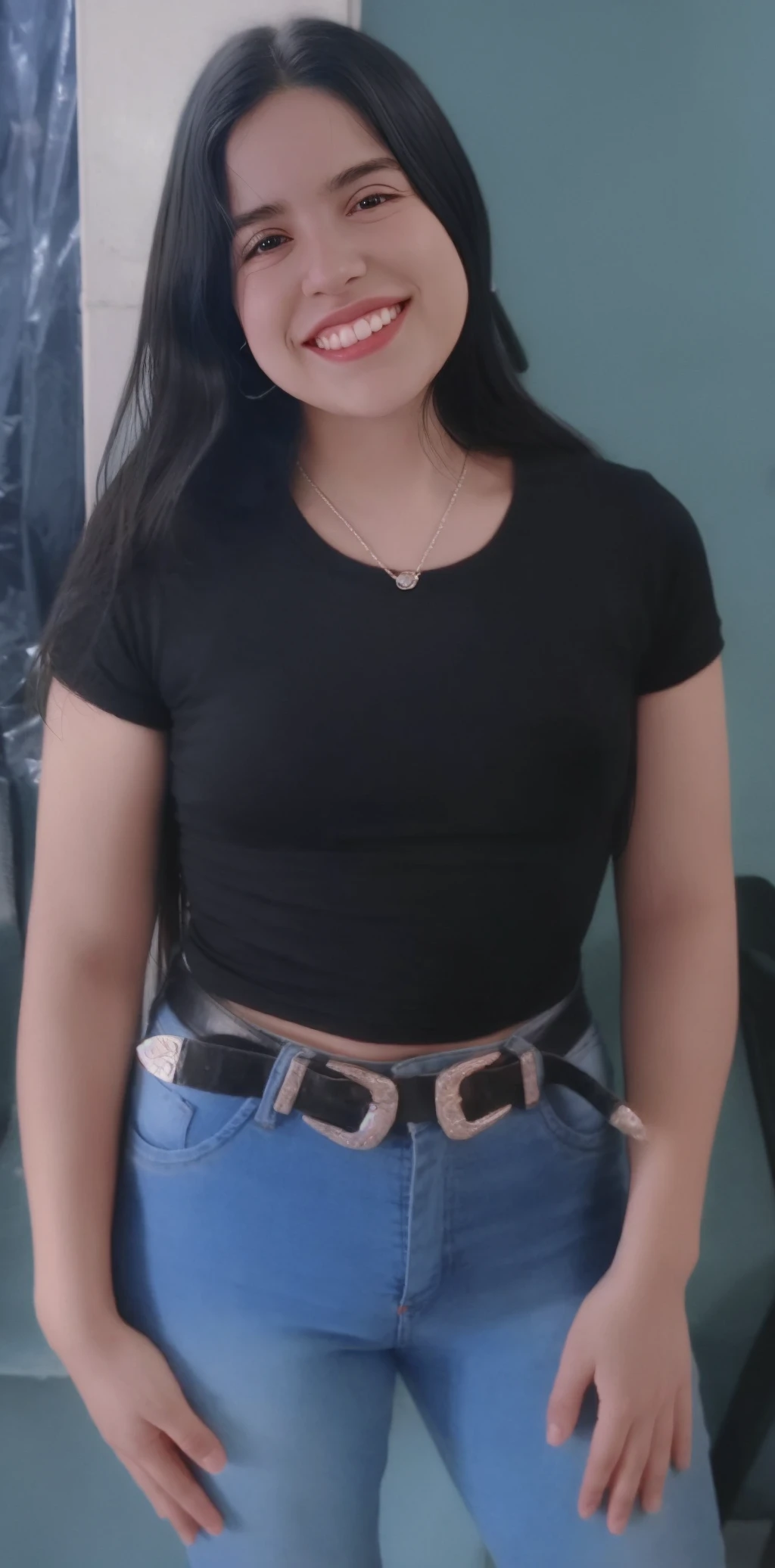 a woman, top black t-shirt, blue jeans, (looking at viewer:1.2), <lora:mariabecerra-09:1>