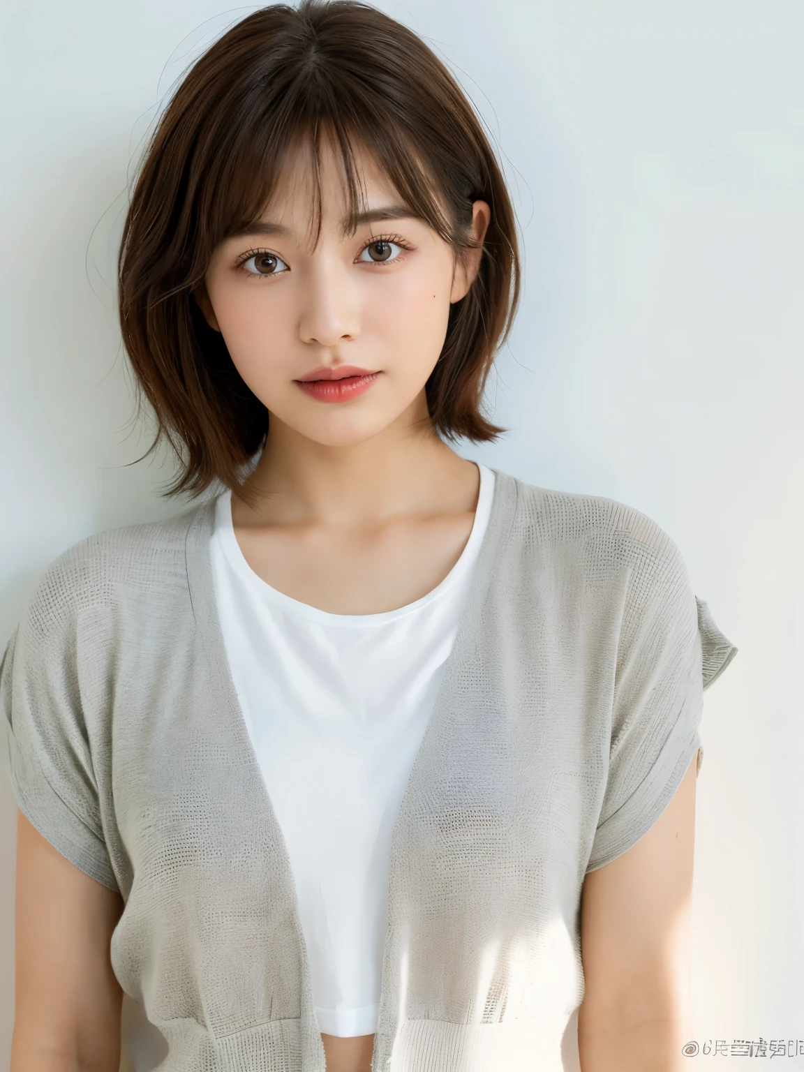 Light grey short sleeve dress、Put a cardigan over your shoulders、Tabletop、(White wall in the background)、In front of the white door、((highest quality、8k、masterpiece:1.3))、Ultra-high resolution、(photoGenuineistic:1.4)、RAW Photos、30 year old Japanese woman、Japanese,(face)、Genuine、Photographed in natural light、Highly detailed face and skin texture、Highly detailed lips、The correct state of the human body、Bob、Bobヘア、Bobカット、Fluffy hair、Brown Hair、short hair、Mr.々A pose、Natural color lip、Fluffy hair