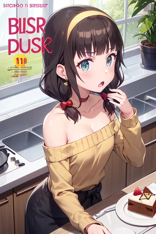 (small breasts:1.3), (perky chest:1.1), (pointed chest:1.0), (Pudding cake magazine cover:1.3),(from above:1.0),(from side:0.9),masterpiece, 1girl, Amazing Cleavage:1.1, thin waist, big ass, Raised sexy, small breast: 1.3, posed cleavage:1.2、solo, looking at viewer, open mouth, have a cute grass of cute beergrass,black hair, dark green eyes, dress, bare shoulders, jewelry, collarbone, sidelocks, hairband, earrings, indoors, off shoulder, :o, sweater, arms behind back, plant, short hair with long locks, gild hairband, off-shoulder dress, sweater dress, off-shoulder sweater, red sweater, dark gord hair, big side hair, very long side hair,is rendered in (masterpiece: 1.2, best quality), with (ultra high resolution) and an exquisite (depth of field). This masterpiece is not only visually stunning but also tells,A scene of cooking in the kitchen by classroom