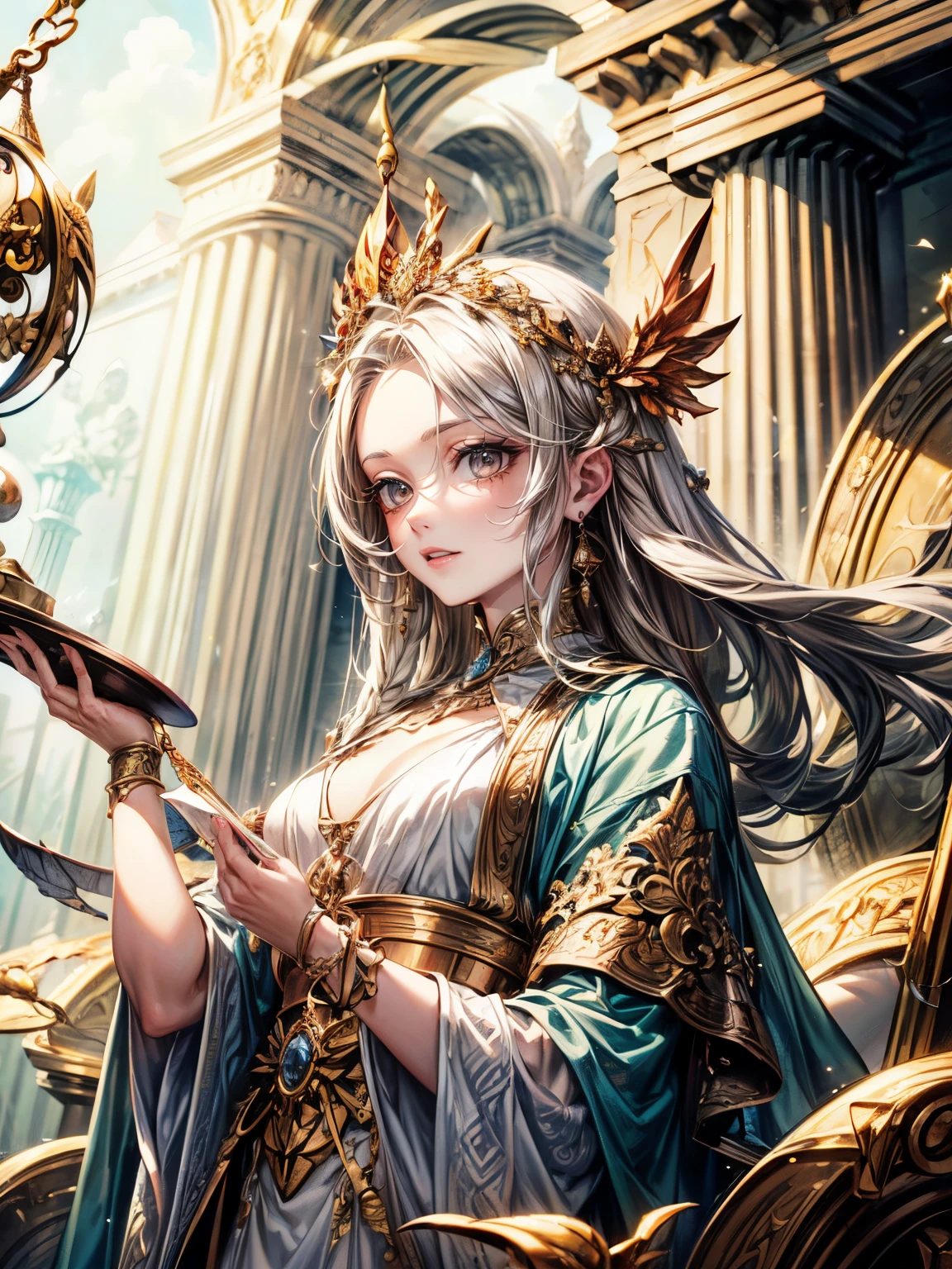masterpiece,highest quality,Ultra high definition, The Goddess Themis, Greek mythology,((Forehead hair)),white hair,(The balance scales of justice in my hand),(holding up the scales),deep brown eyes, white draped robe, scales, (Deep brown eyes)