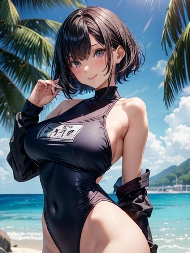 highest quality、Complete limbs、Full Finger、Slender Beauty、One woman、Woman with straight hair、Black-haired woman、Short Hair Woman、(Beautiful busty woman:1.3)、Dark blue one-piece school swimsuit、Big smile