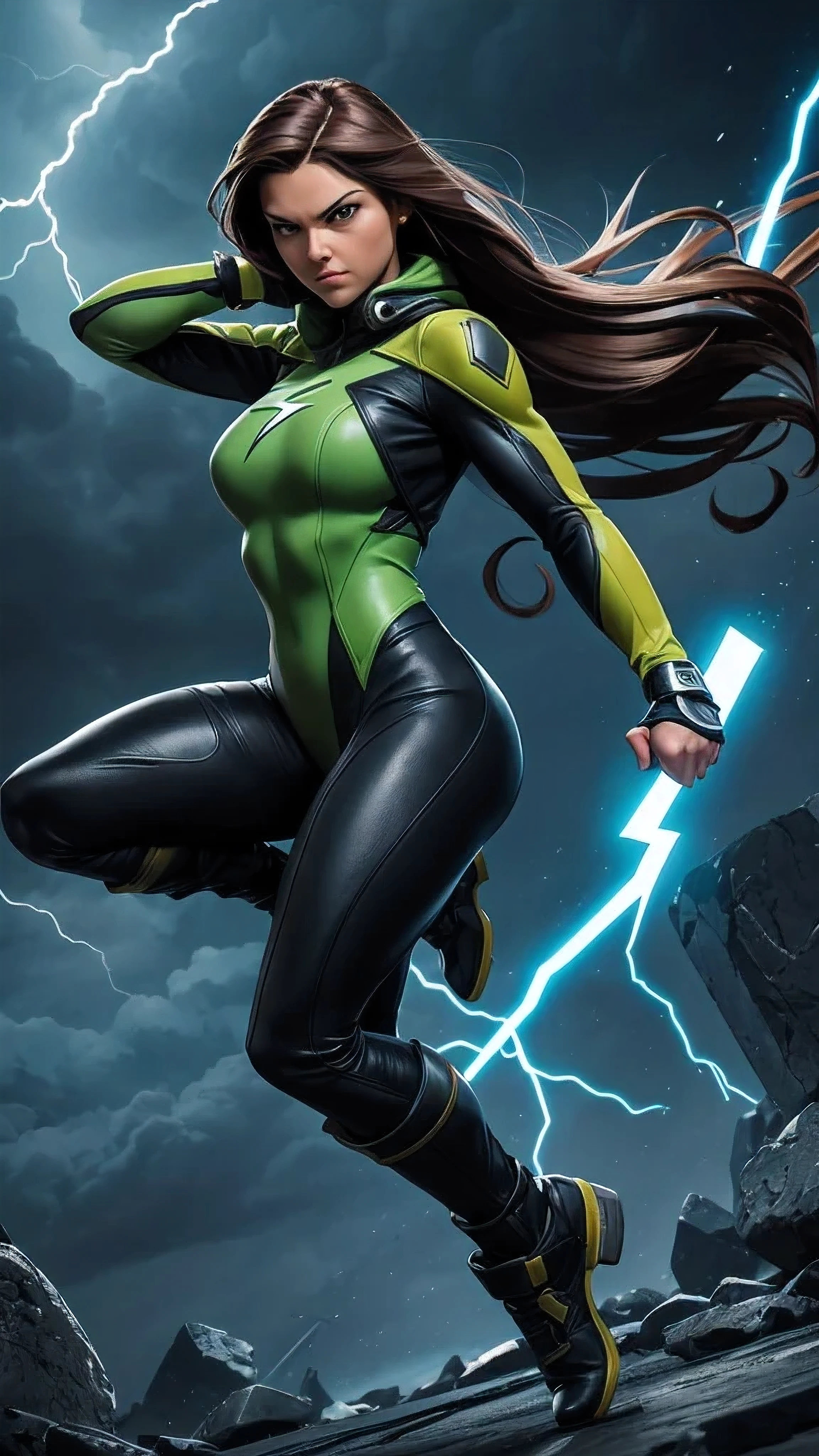  Character: Rogue from X-Men. Pose: Depicted in mid-flight, in a dynamic and heroic stance, as if delivering a punch into the air. Her right fist is extended forward, poised for impact, while her left arm is drawn back, ready for the next move. Expression: Her face displays determination and focus, with eyes locked on the target and a firm jawline, showcasing her strength and confidence. Costume: Rogue wears her classic X-Men attire, featuring a light green bodysuit with yellow accents, devoid of any exposed skin. She also sports her brown leather jacket over the suit. Environment: The setting is nocturnal and mysterious, with dark clouds in the background and lightning bolts streaking across the sky. Lighting enhances the details of the costume, casting dynamic shadows. Style: Illustrated in the unique style of Andreas Marshall, infusing the artwork with his distinctive visual sensibility and technique.