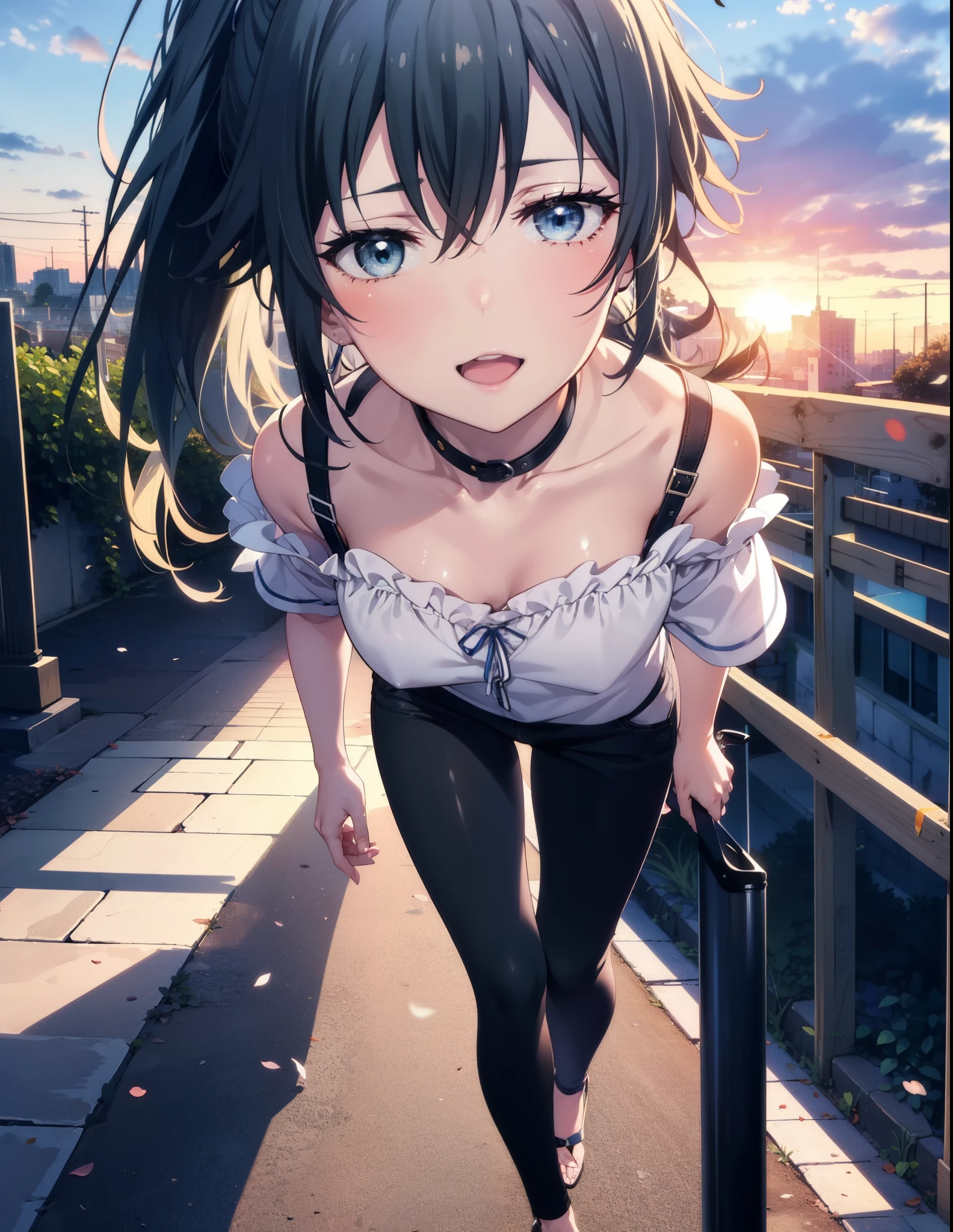 yukinoyukinoshita, yukino yukinoshita, Black Hair, blue eyes, Long Hair, Ahoge,ponytail,happy smile, smile, Open your mouth,Cold shoulder tops,Short sleeve,skinny pants,Stiletto heels,Walking,morning,morning陽,The sun is rising,whole bodyがイラストに入るように,Looking down from above,
break outdoors, In town,Building district,
break looking at viewer, whole body,
break (masterpiece:1.2), highest quality, High resolution, unity 8k wallpaper, (figure:0.8), (Beautiful fine details:1.6), Highly detailed face, Perfect lighting, Highly detailed CG, (Perfect hands, Perfect Anatomy),