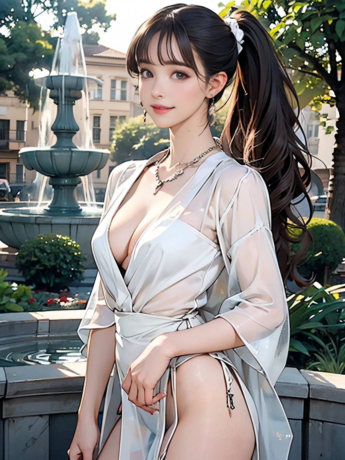 ((((highest quality))))、(((Ultra-precision CG16K wallpaper)))、(((masterpiece)))、(((Super detailed)))、(((Extreme detail)))、((１Mature 29 year old woman:1.6))、((Very beautiful Japanese faces))、((vegetable々Introduction:1.5))、((Soft wavy long ponytail hair、blunt bangs:1.5))、(Shiny brown hair)、Beautiful delicate eyes、Brown Eyes、eyeliner、Eyeshadow、High nose、Small nostrils、Small Mouth、Seductive lips、Beautiful breasts、((C cup size breasts))、Cleavage、Beautiful feet、eight-headed body、Perfect proportions、Perfect Anatomy、Perfect composition、Beautiful detailed shading、Beautiful, natural lighting、Beautiful detail glow、Depth of written boundary、(((High chroma)))、(((Real:1.9)))、((vivid:1.5))、((Beautiful Skin))、((Skin Texture))、((Realな皮膚感))、(((Cowboy Shot:1.6)))、((front view、shoot from front、Front low angle:1.6))、(((smile:1.6)))、((The woman is looking at this、looking at viewer、Facing forward:1.6))、Bright daylight、Natural light、(((Fountain Square、Trees:1.5)))、(Gravure idol pose:1.6)、(((Ivory cream lace knit see-through shirt、See-through loincloth:1.6)))、((Scrunchie Ribbon、Earrings、Wearing a necklace:1.5))、((Knee-high socks:1.5))、