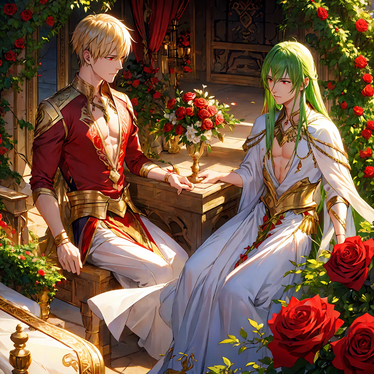 absurd resolution, high resolution, ultra detailed, HDR, master piece, best quality, extremely detailed face and eyes, beautiful vibrant red eyes, caster Gilgamesh x Enkidu, gay couple, two men only, handsome, garden, red roses, petals, arabian clothes