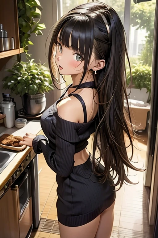 (small breasts:1.3), (perky chest:1.1), (pointed chest:1.0), (Pudding cake magazine cover:1.3),(from above:1.0),(from side:0.9),masterpiece, 1girl, Amazing Cleavage:1.1, thin waist, big ass, Raised sexy, small breast: 1.3, posed cleavage:1.2、solo, looking at viewer, open mouth, have a cute grass of cute beergrass,black hair, dark green eyes, dress, bare shoulders, jewelry, collarbone, sidelocks, hairband, earrings, indoors, off shoulder, :o, sweater, arms behind back, plant, short hair with long locks, gild hairband, off-shoulder dress, sweater dress, off-shoulder sweater, red sweater, dark gord hair, big side hair, very long side hair,is rendered in (masterpiece: 1.2, best quality), with (ultra high resolution) and an exquisite (depth of field). This masterpiece is not only visually stunning but also tells,A scene of cooking in the kitchen by classroom