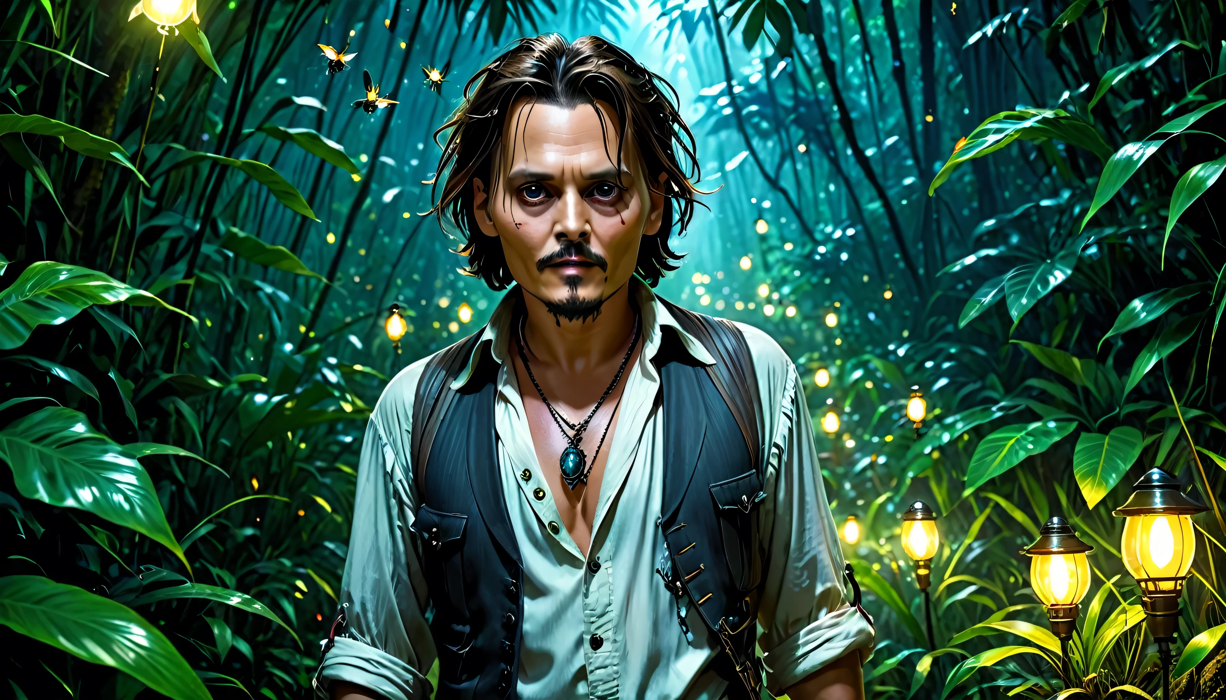 masterpiece, Johnny Depp walking through a jungle at night with fireflies dancing, (High detail:1 1), rough face, Natural Skin, high quality, Browsing Caution, Beautiful Eyes, (detailed face and eyes), (face: 1 2), noise, Extra, Actual photo, PSD, Lamp Film Photo, Sharp focus, Contrast lighting, Detailed skin, High resolution 8K, Crazy Details, Realistic, Professional photography, 8K Ultra HD, Single-lens reflex camera, Soft lighting, high quality, Film Grain, Fujifilm XT3