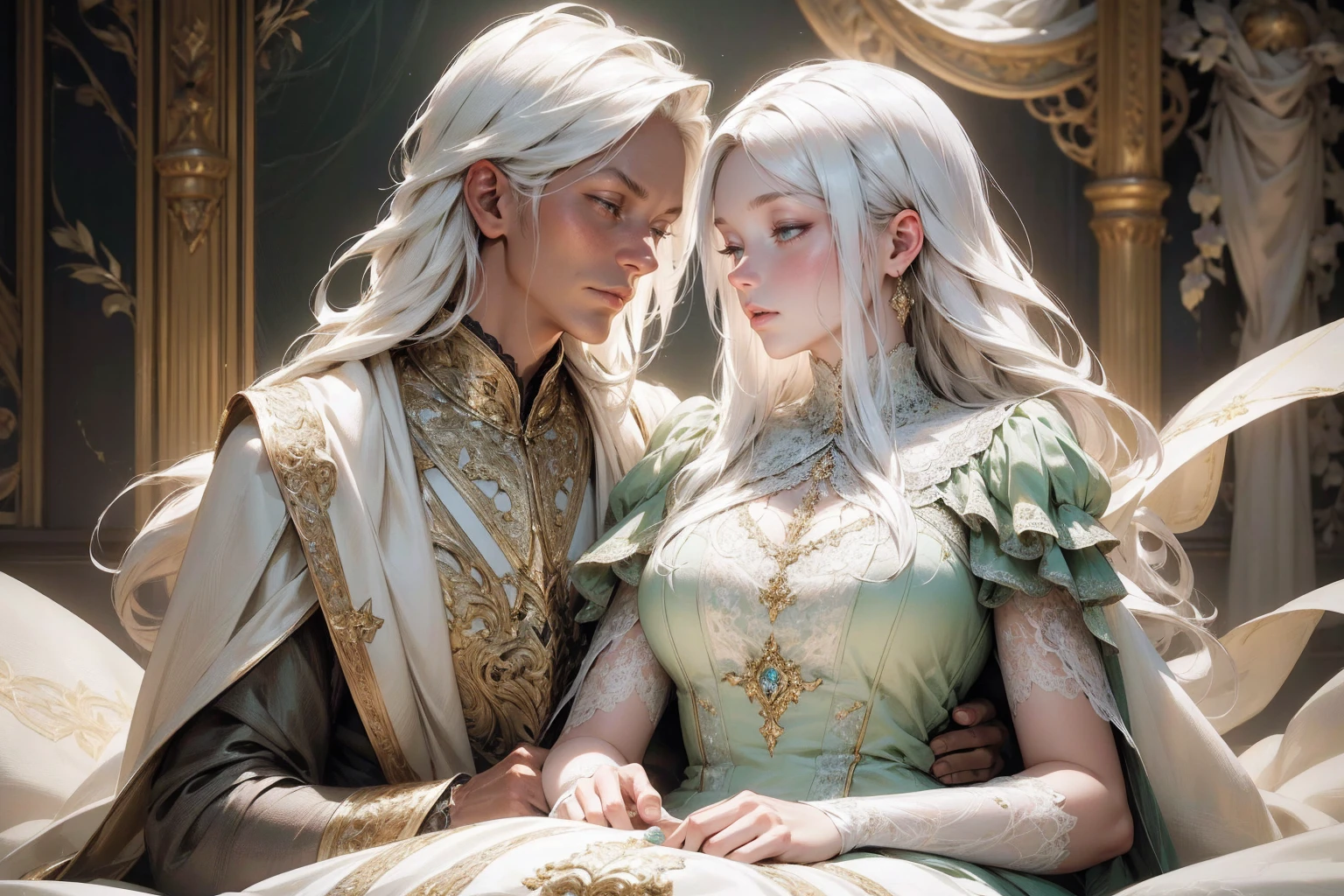 {-erro_de_anatomia:1.0} (best quality,4k,8k,highres,masterpiece:1.2), ultra-detailed, (realistic,photorealistic,photo-realistic:1.37), mature milf, illyasviel von einzbern, white hair, (black skin) upper body, vibrant colors, glowing skin, mesmerizing eyes, brown eyes, elegant pose, enchanting background, delicate lace dress, green dress, surreal lighting, ethereal atmosphere, mystical aura, intricate details, artistic medium, digital illustration, fantasy, anime, , sleeping with a beautiful white man ( white skin) 