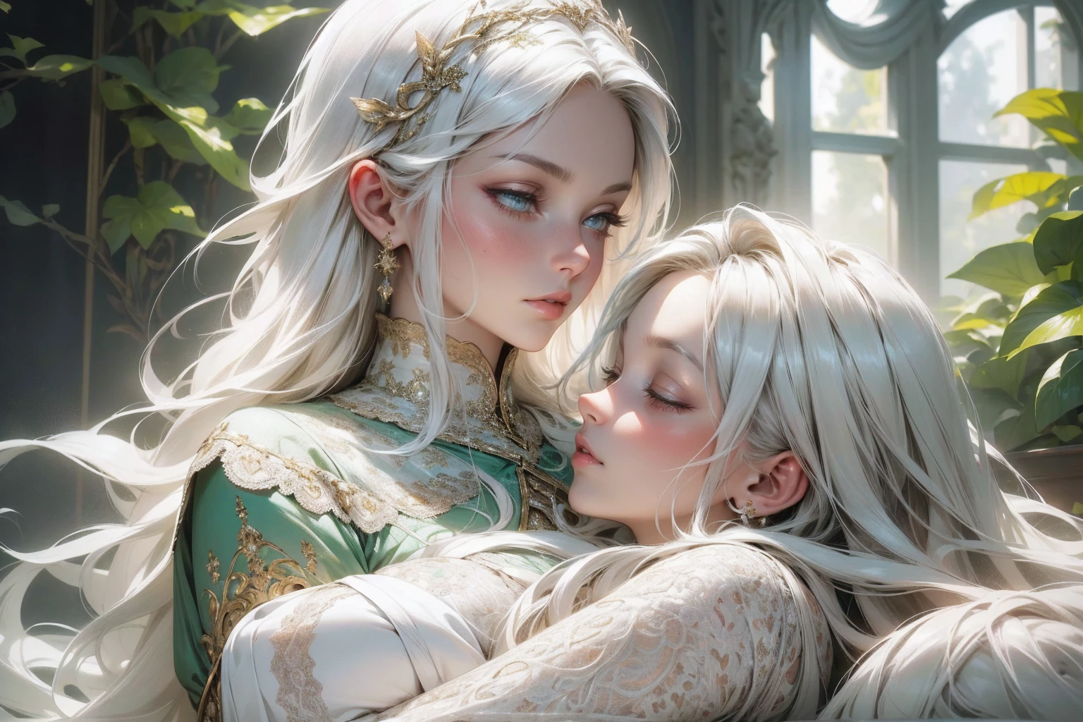 {-erro_de_anatomia:1.0} (best quality,4k,8k,highres,masterpiece:1.2), ultra-detailed, (realistic,photorealistic,photo-realistic:1.37), mature milf, illyasviel von einzbern, white hair, (black skin) upper body, vibrant colors, glowing skin, mesmerizing eyes, brown eyes, elegant pose, enchanting background, delicate lace dress, green dress, surreal lighting, ethereal atmosphere, mystical aura, intricate details, artistic medium, digital illustration, fantasy, anime, , sleeping with a beautiful white man ( white skin)