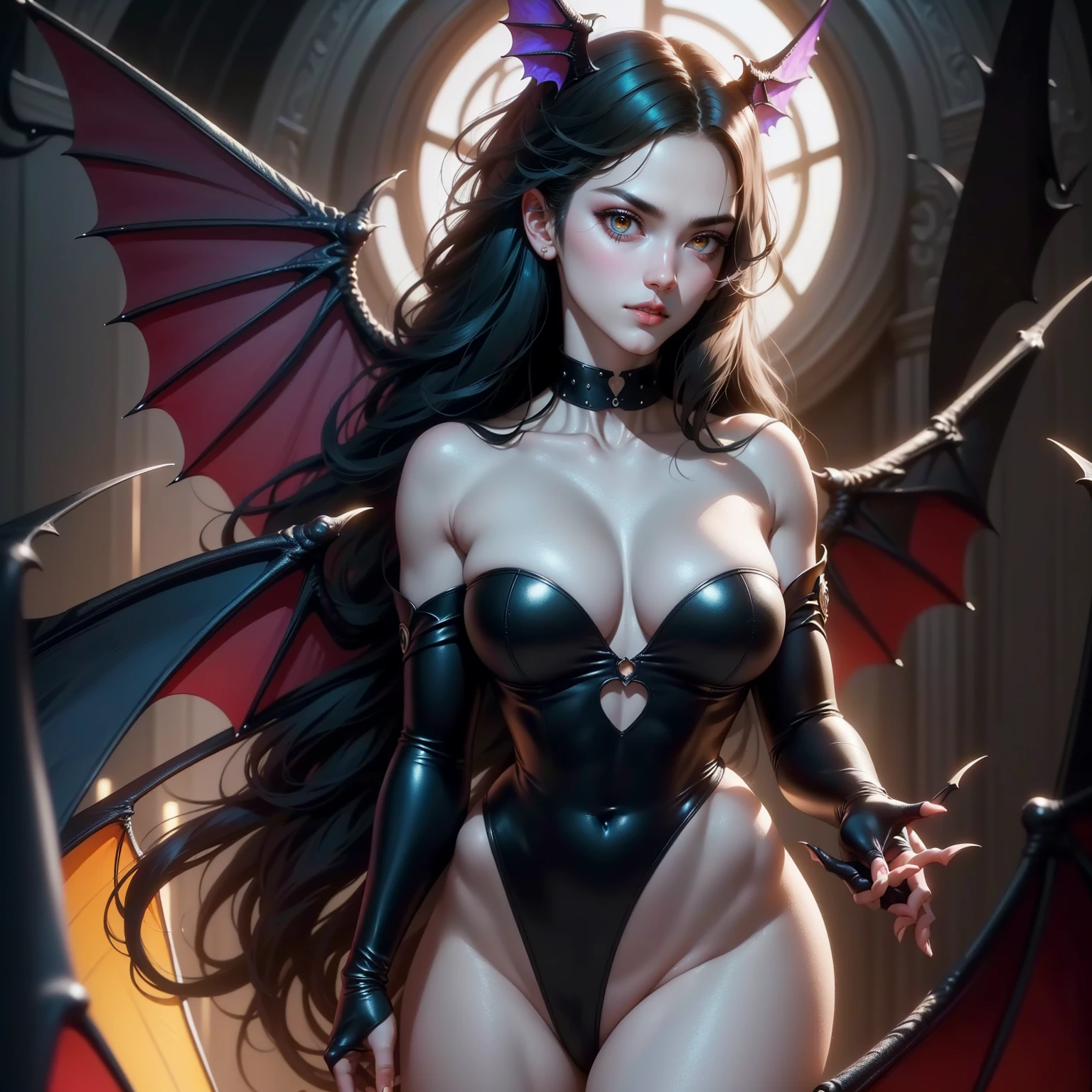 {-erro_de_anatomia:1.0} (best quality,4k,8k,highres,masterpiece:1.2) (masterpiece, top quality, best quality, official art, beautiful and aesthetic: 1.2), (1 woman: 1.3) Succubus girl, long black hair, yellow eyes, succubus wing, attractive, moonlight, dinamic poses, flying on the sky