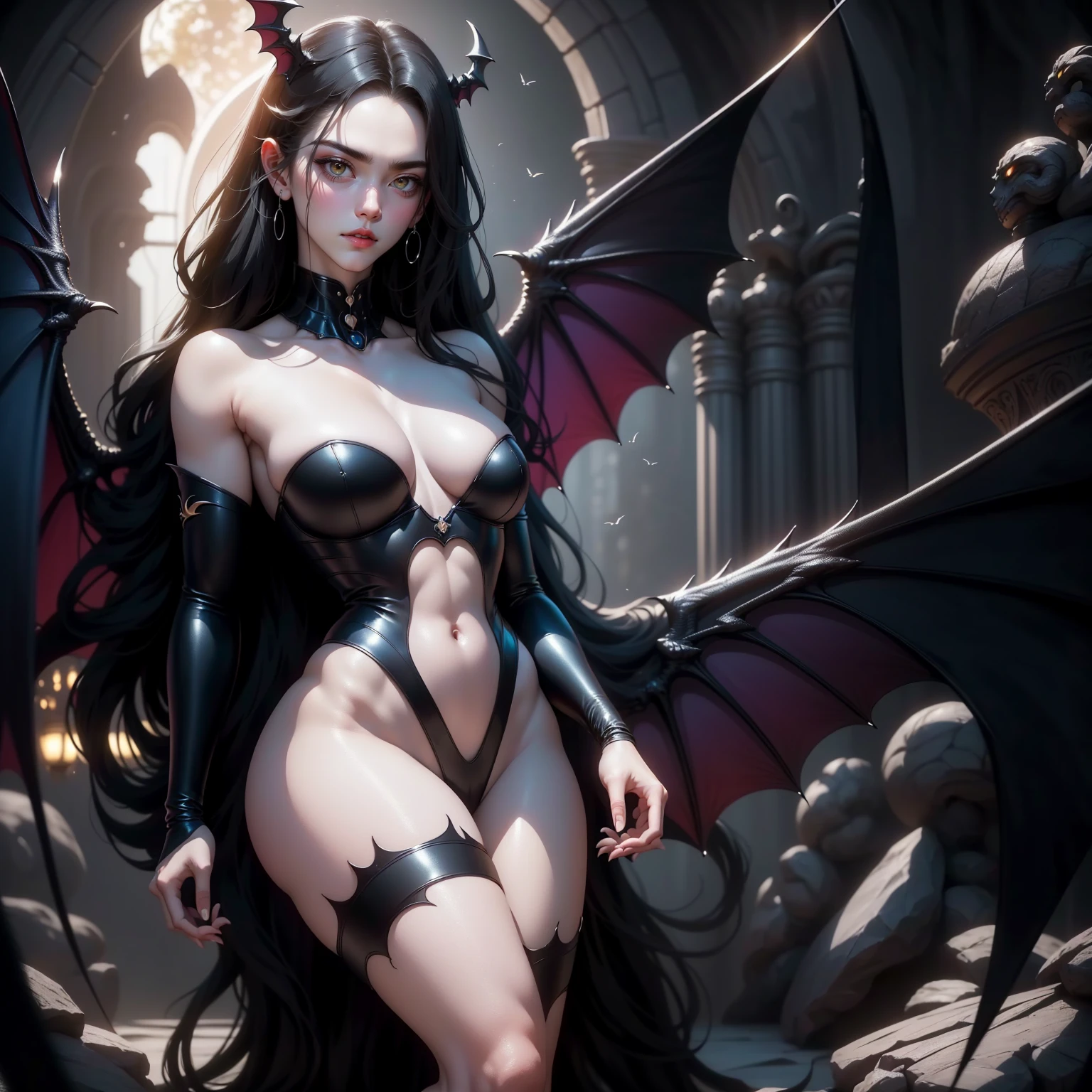 {-erro_de_anatomia:1.0} (best quality,4k,8k,highres,masterpiece:1.2) (masterpiece, top quality, best quality, official art, beautiful and aesthetic: 1.2), (1 woman: 1.3) Succubus girl, long black hair, yellow eyes, succubus wing, attractive, moonlight, dinamic poses, flying on the sky