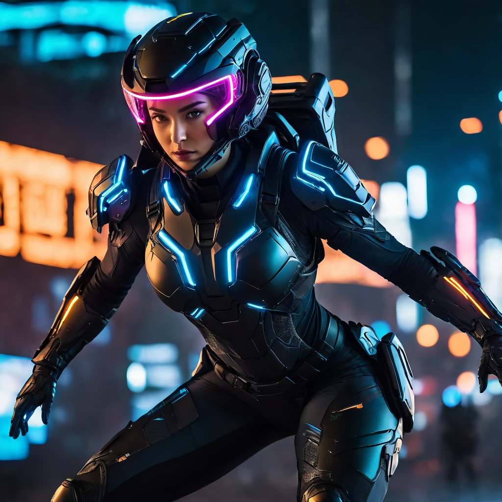 a woman in a tight combat suit, high tech futuristic sci-fi bodysuit, intricate detailed armor plating, advanced tactical gear, advanced military technology, futuristic cyberpunk style, neon color lighting, glowing elements, action pose, dynamic motion blur, cinematic lighting, photorealistic, 8k, highres, ultra-detailed, masterpiece