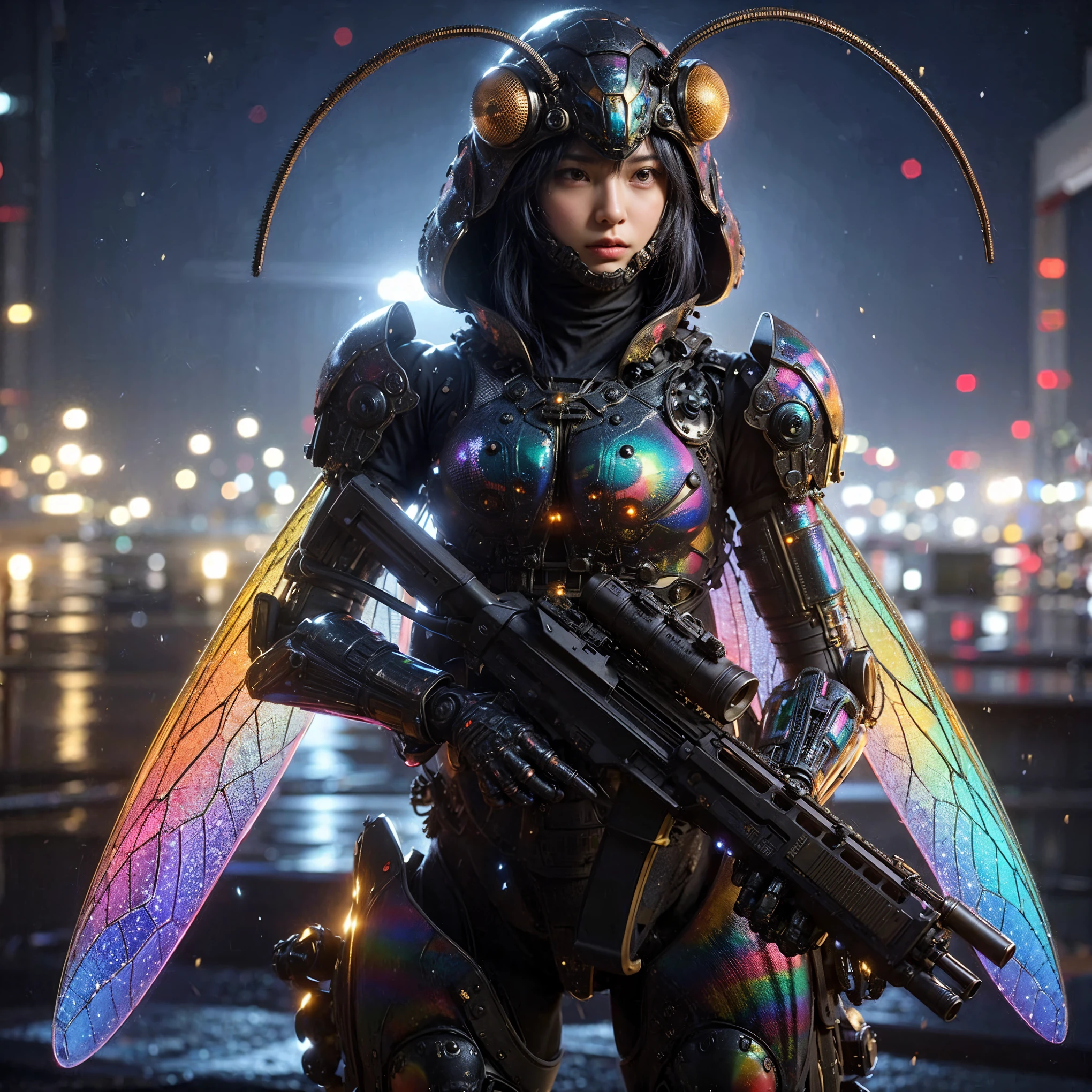 (extremely intricate all details)、(extremely realistic all Texture) 、glossy Texture、Navy blue heavy mechanical armor resembling a pillbug, designed by Hajime Katoki、1 person、Beautiful female soldier、Multi-legged、Heavyweight、Heavy Armor、Firearms、Ultra-realistic、Full Body Shot、Night view of the bayside industrial area、Spotlight lighting to illuminate characters、Please generate at least 4 copies.