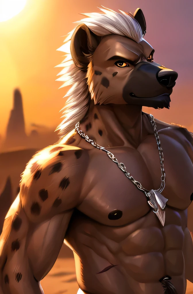 Masterpieces, furry, male, Anthropomorphic, full body, old age, rugged, spotted hyena, proper fit body type, Delicate eyes, white goatee, white fur, glistening body, tanned skin, thug, wasteland thug, depth of field, warm lighting, bright lighting, (best quality),(masterpiece),(ultra detailed), sharp focus, wasteland background, fierce look, scars, full body, oily skin, black penis with a lot of cum, white pubes, white hair, naked, plump abs, black nipples , chain necklace