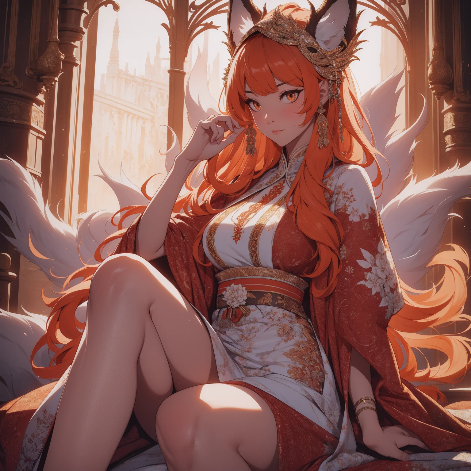 REALISTIC VISION 1.4, BETTER VAE,sharp focus, ultra detail, 32k,realistic photo, intricate details, kitsune, orange hair, oranfe eyes, intricate details ,woman, nine tails, intricate details,intricate details,big , Voluptuous body, intricate details, Miko, clothes long white dress with red details intricate details, tattoos intricate details, full body, sitting on the sofa with a nine tails fox