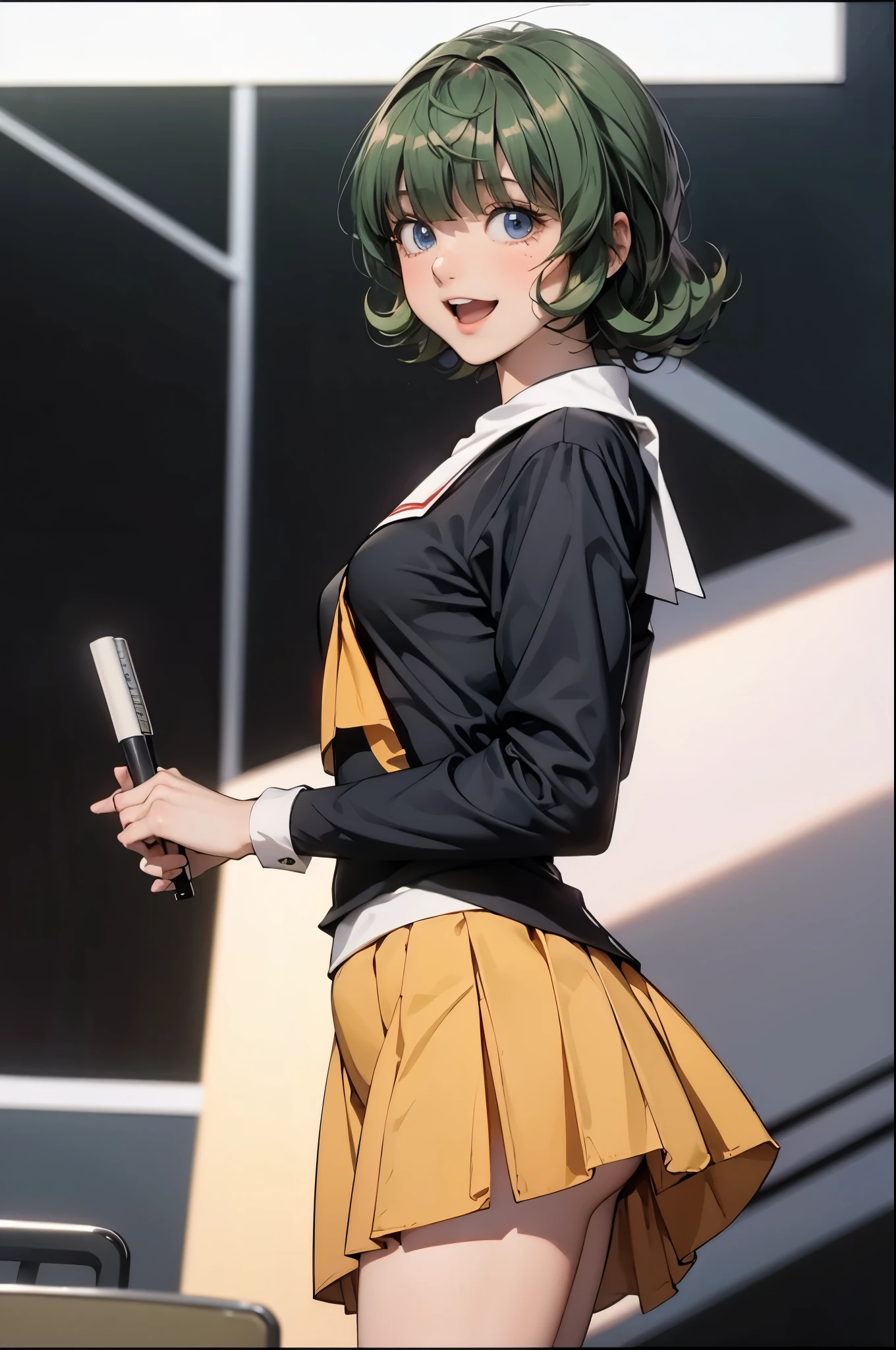 perfect eyes:1.2, detailed eyes:1.4, MenchiHxh, short hair, flipped hair:1.2, ass, from behind, green hair, blunt bangs, fringe, school, classroom, lolita, small breasts, blue eyes, smile, open mouth, black_serafuku, yellow neckkerchief, long sleeves, pleated skirt, medium full shot, thigh-level shot, 1girl,(masterpiece:1.6, best quality),