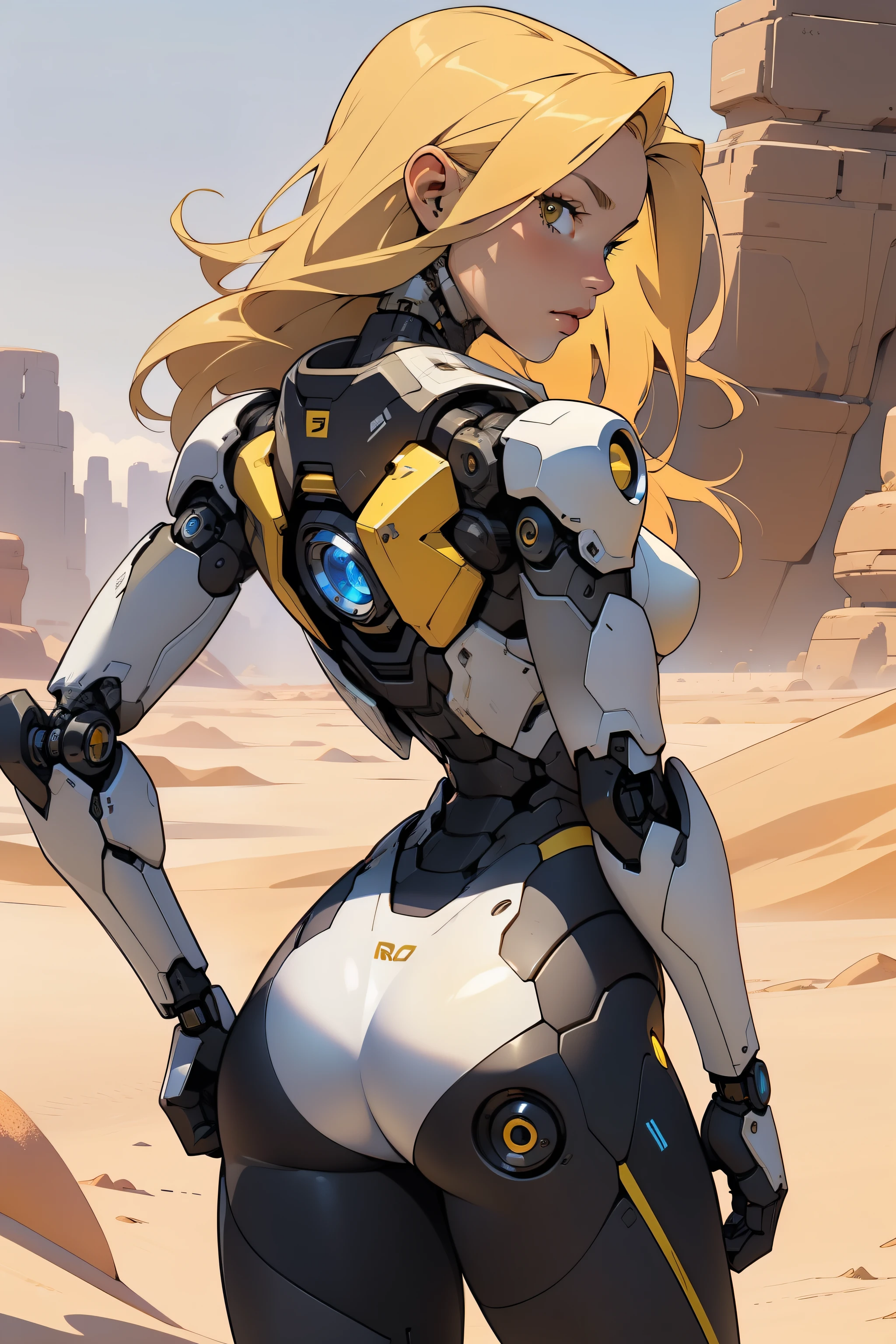 high quality, 4k, masterpiece, beautiful, cyborg girl, yellow design, cowboy shot, dull eyes, back side, turning around to look at viewer, long blonde hair, girl, small breasts, fit thigh, robotic arms, robotic body, cyborg body, yellow accent, redaccent, intricate detail, joint, detailed lines, robotic detail, 1fist on hip, color robotic parts, robotic parts with color, perfect fingers, on a desert planet, sunny background, colorful desert,