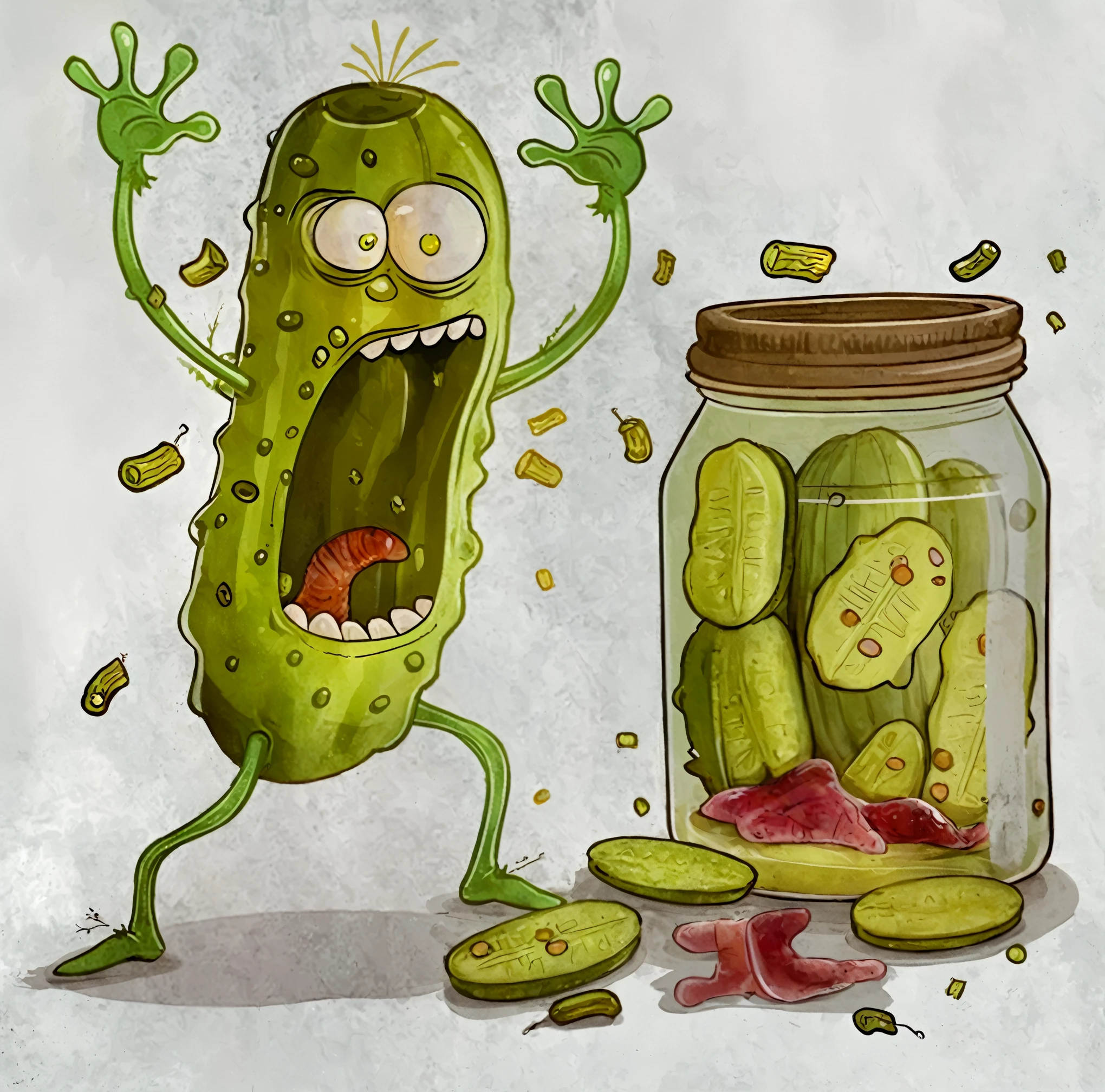 t-shirt design of a humorous and animated image featuring a pickle character. The pickle has a shocked and horrified expression, with its mouth wide open, eyes bulging, and arms raised in the air. The pickle seems to be reacting to the sight of a jar filled with sliced pickles. Inside the jar, one of the pickle slices appears to have a worm, adding to the pickle character's distressed reaction. The image is drawn in a cartoonish and exaggerated style, emphasizing the pickle's emotions and the absurdity of the situation.