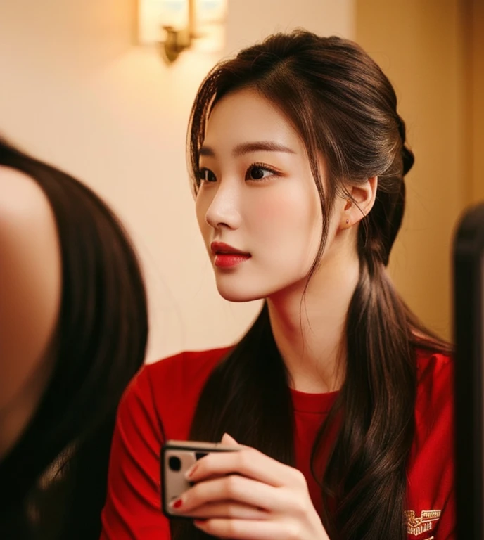Close-up of a woman in a red shirt taking a photo.., beautiful south  ponytail,) long, Flowing hair, korean woman, gorgeous young korean woman, ponytail, beautiful young korean woman, Korean girl, korean woman, Jae Yeon Nam, beautiful asian girl, young asian woman, Beautiful Asian woman, cute korean baby face, Gorgeous Chinese model, Chinese girl, Heonhwa Cho