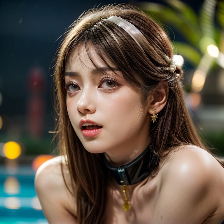 (SFW:1.4), Best_Quality, (masterpiece:1.2) of professional Analog Hi-Res photo, (realistic and photorealistic with touch of rawness:1.37), a close-up portrait of (KAWAII princess wearing thongs), Infinity pool on the roof of Skyscraper, Golden sky at dusk, intricate lighting effects with light particles, ((many colorful lights (dazzling bokeh))) . BREAK { Mystic sight | (many Luminous Particles:1.4) | sparkling splash | flying droplets | Rain drops | Luminous water surface | enjoying summer festival | Big City and Brilliant Skyscrapers }, { Childish | Gigantic Cleavage | Half Laying down | number on arm } . BREAK (((NOGIZAKA)))  Extremely Detailed very KAWAII face variation, captivating gaze, elaborate detailed Eyes with (sparkling highlights:1.2), long eyelashes、Glossy RED Lips with beautiful details, Coquettish tongue, Rosy cheeks, Wet Glistening ivory skin . (Dynamic joyful expressions), { pleasure in agony | Ecstasy | :D | screaming | Perplexed } . hair and eye color is same color, { Full of flowers | Chained Red leather high collar | Red ribbon | Tiny Coronet | Pearl piece | half updo | short bob }, from diagonally angle, Volumetric lighting .