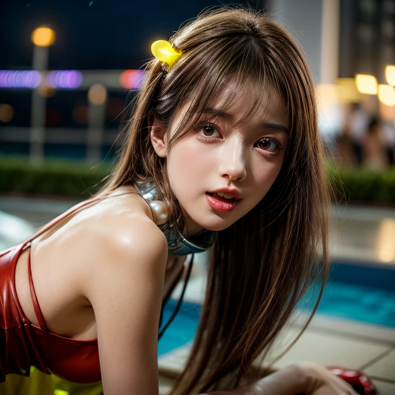 (SFW:1.4), Best_Quality, (masterpiece:1.2) of professional Analog Hi-Res photo, (realistic and photorealistic with touch of rawness:1.37), a close-up portrait of (KAWAII princess wearing thongs), Infinity pool on the roof of Skyscraper, Golden sky at dusk, intricate lighting effects with light particles, ((many colorful lights (dazzling bokeh))) . BREAK { Mystic sight | (many Luminous Particles:1.4) | sparkling splash | flying droplets | Rain drops | Luminous water surface | enjoying summer festival | Big City and Brilliant Skyscrapers }, { Childish | Gigantic Cleavage | Half Laying down | number on arm } . BREAK (((NOGIZAKA))) Extremely Detailed very KAWAII face variation, captivating gaze, elaborate detailed Eyes with (sparkling highlights:1.2), long eyelashes、Glossy RED Lips with beautiful details, Coquettish tongue, Rosy cheeks, Wet Glistening ivory skin . (Dynamic joyful expressions), { pleasure in agony | Ecstasy | :D | screaming | Perplexed } . hair and eye color is same color, { Full of flowers | Chained Red leather high collar | Red ribbon | Tiny Coronet | Pearl piece | half updo | short bob }, from diagonally angle, Volumetric lighting .