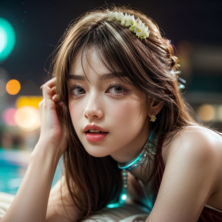 (SFW:1.4), Best_Quality, (masterpiece:1.2) of professional Analog Hi-Res photo, (realistic and photorealistic with touch of rawness:1.37), a close-up portrait of (KAWAII princess wearing thongs), Infinity pool on the roof of Skyscraper, Golden sky at dusk, intricate lighting effects with light particles, ((many colorful lights (dazzling bokeh))) . BREAK { Mystic sight | (many Luminous Particles:1.4) | sparkling splash | flying droplets | Rain drops | Luminous water surface | enjoying summer festival | Big City and Brilliant Skyscrapers }, { Childish | Gigantic Cleavage | Half Laying down | number on arm } . BREAK (((NOGIZAKA)))  Extremely Detailed very KAWAII face variation, captivating gaze, elaborate detailed Eyes with (sparkling highlights:1.2), long eyelashes、Glossy RED Lips with beautiful details, Coquettish tongue, Rosy cheeks, Wet Glistening ivory skin . (Dynamic joyful expressions), { pleasure in agony | Ecstasy | :D | screaming | Perplexed } . hair and eye color is same color, { Full of flowers | Chained Red leather high collar | Red ribbon | Tiny Coronet | Pearl piece | half updo | short bob }, from diagonally angle, Volumetric lighting .