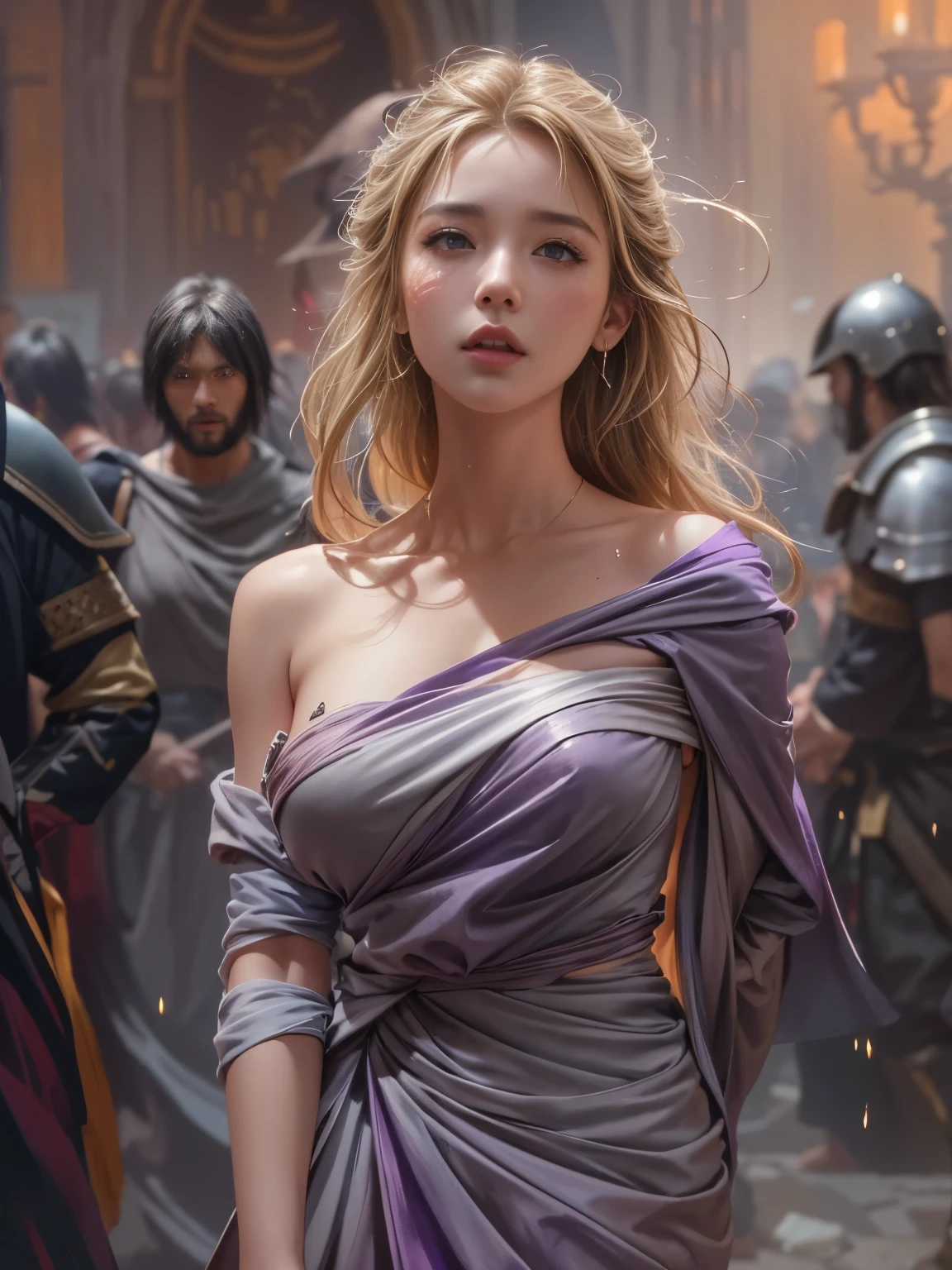 IU1, Serious expression, Model shooting style, (Highly detailed CG Unity 8k wallpaper), Full body photos of the most beautiful works of art in the world, Medieval Armor, Professional, majestic oil painting by Ed Blinky, Atey Gailan, Studio Ghibli, Jeremy Mann, Greg Manchess, Antonio Moro, Trending on Art Station, CGSociety Trends, complicated, High detail, Sharp focus, dramatic, Photorealistic paintings by Midjourney and Greg Rutkowski, Beautify your face, Long Blonde Hair, Big firm Breasts, hard nipples, Sexy, Sharp Eyes, Break, dynamic sexy poses, sweat, cleavage is exposed, Add light purple and purple, Add Light Red, Intricate details, Splash screen,