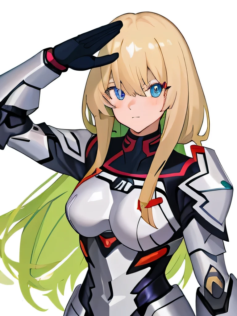 Army girl in cyber armor, with one blue eye and one green eye pretty face with long blonde hair Li Shida, style of ssss.gridman (2018), Saluting