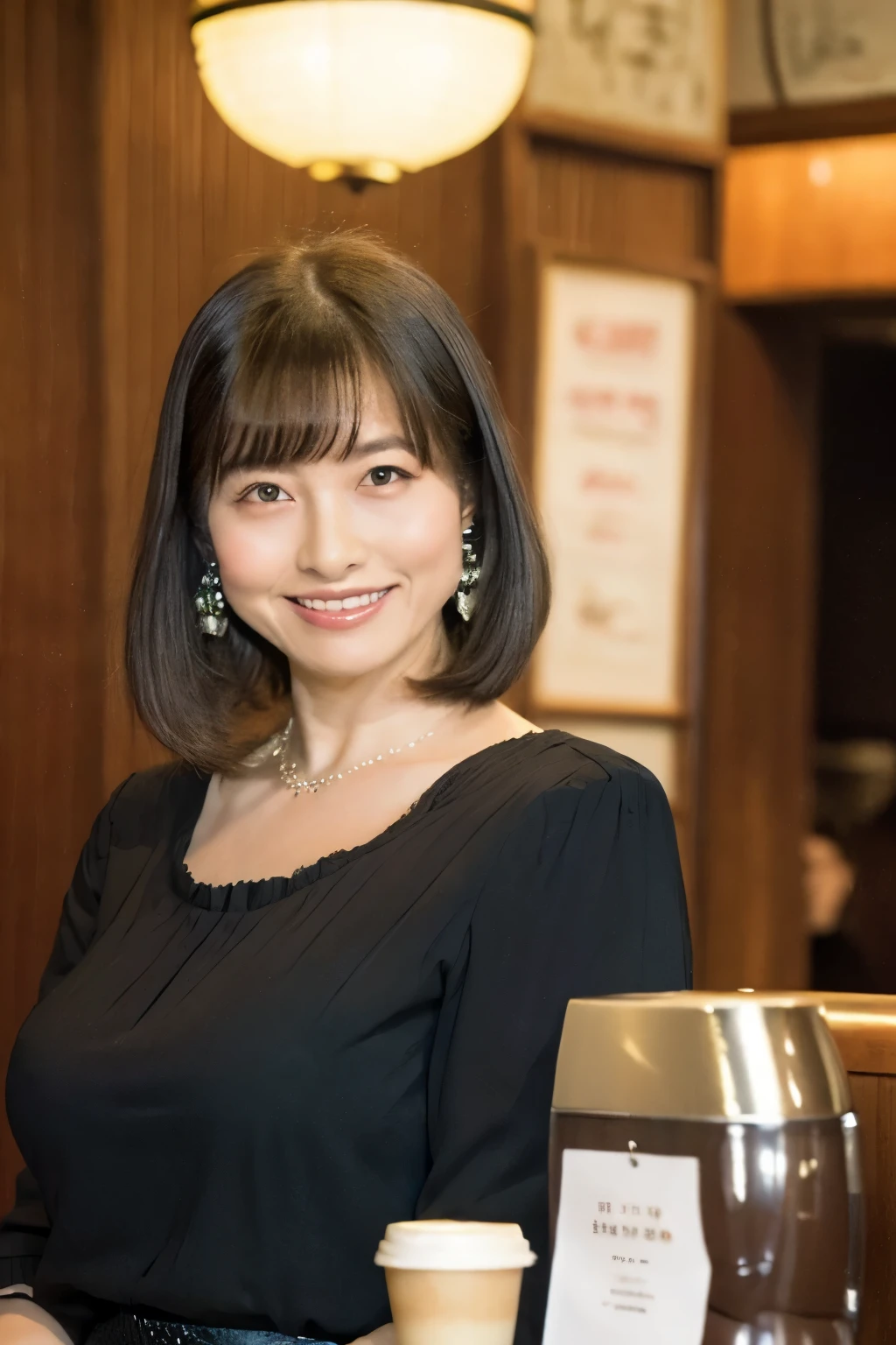Osaka's aunt、Organic Photography、Background Bokashi, highest quality、masterpiece、Ultra-high resolution、Beautiful Japanese old lady、70 years old、Looking at the audience、Elegant face、Toothy smile、Big Breasts、Wearing a plain short-sleeved blouse、Short perm hair、mini skirt、Earrings、A corner of a coffee shop, Background Blur