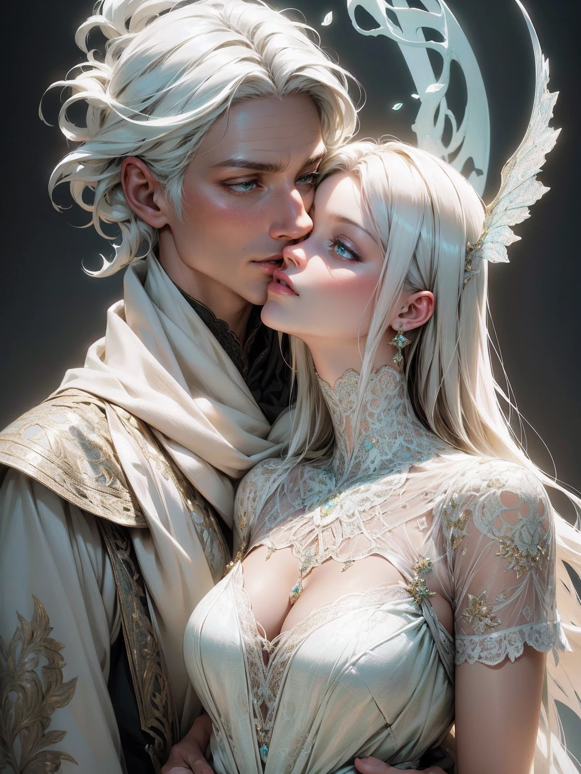 {-erro_de_anatomia:1.0} (best quality,4k,8k,highres,masterpiece:1.2), ultra-detailed, (realistic,photorealistic,photo-realistic:1.37), mature milf, illyasviel von einzbern, white hair, (black skin) upper body, vibrant colors, glowing skin, mesmerizing eyes, brown eyes, elegant pose, enchanting background, delicate lace dress, green dress, surreal lighting, ethereal atmosphere, mystical aura, intricate details, artistic medium, digital illustration, fantasy, anime, , kissing a beautiful white man ( white skin)