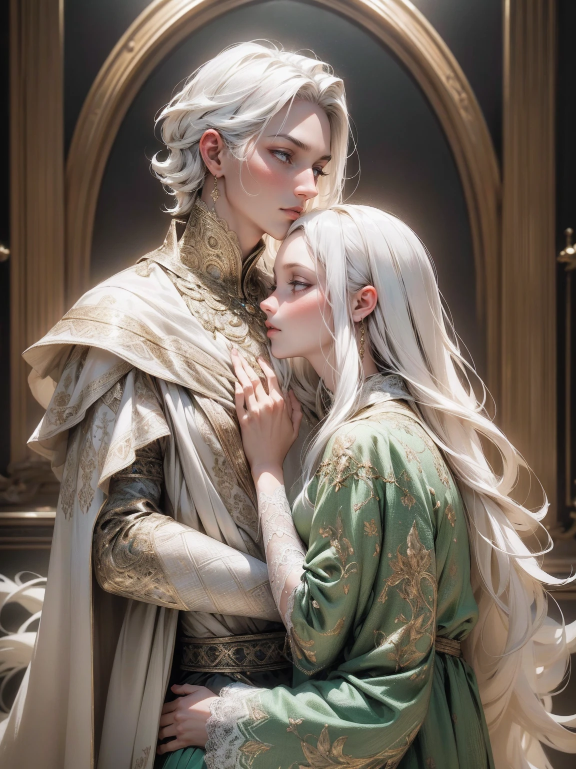 {-erro_de_anatomia:1.0} (best quality,4k,8k,highres,masterpiece:1.2), ultra-detailed, (realistic,photorealistic,photo-realistic:1.37), mature milf, illyasviel von einzbern, white hair, (black skin) upper body, vibrant colors, glowing skin, mesmerizing eyes, brown eyes, elegant pose, enchanting background, delicate lace dress, green dress, surreal lighting, ethereal atmosphere, mystical aura, intricate details, artistic medium, digital illustration, fantasy, anime, , kissing a beautiful white man ( white skin)