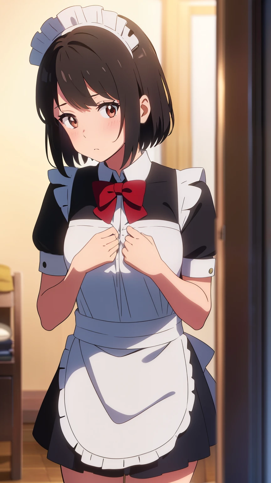 shinkai makoto, kimi no na wa.,1boy buzzcut, , hug , breastgroping , 1girl, bangs, black hair, short hair, blush, brown eyes, looking at the viewer, ((girl wear maid dress, short sleeves, short dress, short skirt, maid headdress)), Off-the-shoulders, red bow, red ribbon, cute,  imdoors, bedroom, night, upper-body