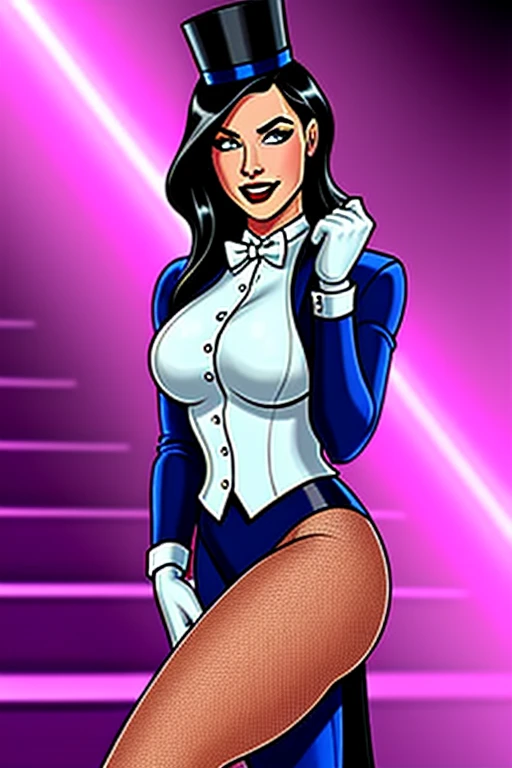 zatanna, ((long hair, black hair, bangs, glowing blue eyes, wide eyes, lipstick, makeup, narrow waist, skinny, medium breasts, earrings, alone, top hat)), pelvic curtain, ((Black jacket, black panties, black bra)), full body, perfect body, (insanely detailed, beautiful detailed face, masterpiece, best quality) , (((solo))), (((1girl))), (((mature))), (extremely detailed 8k paper CG wall unit: 1.1), (stage, spotlight), (smile face for the viewer), View from behind, back, below