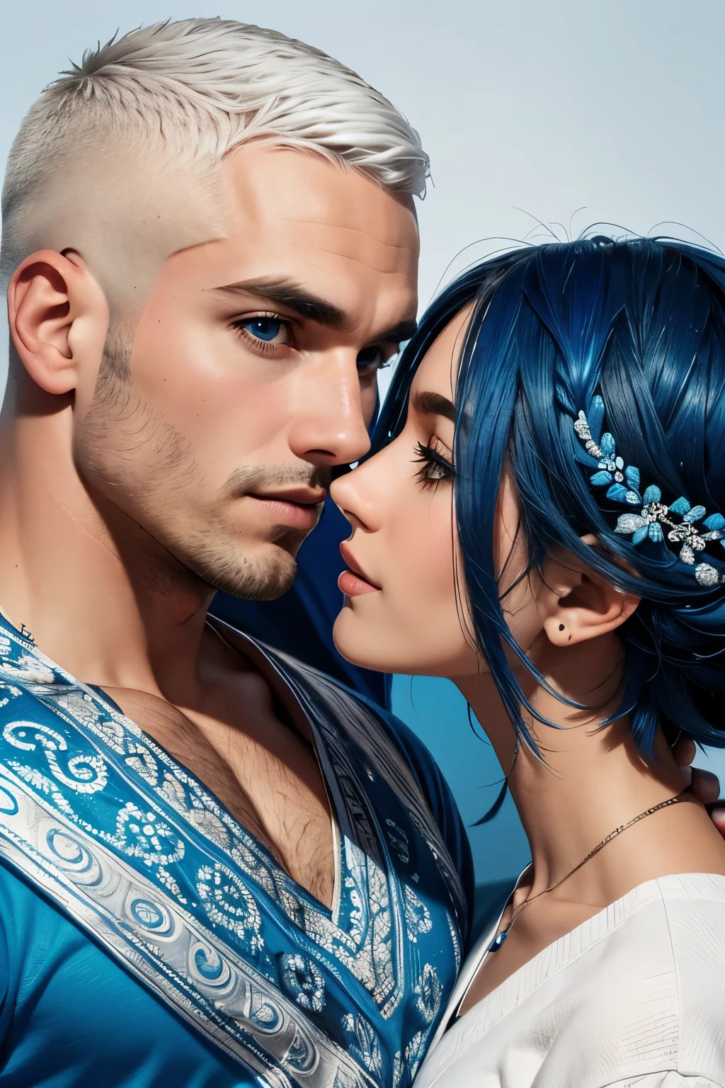 Personagem masculino todo azul junto com personagem branco com cabelos cinza e personagem branco com seis olhos em um mundo com grama azul e cogumelos gigantes