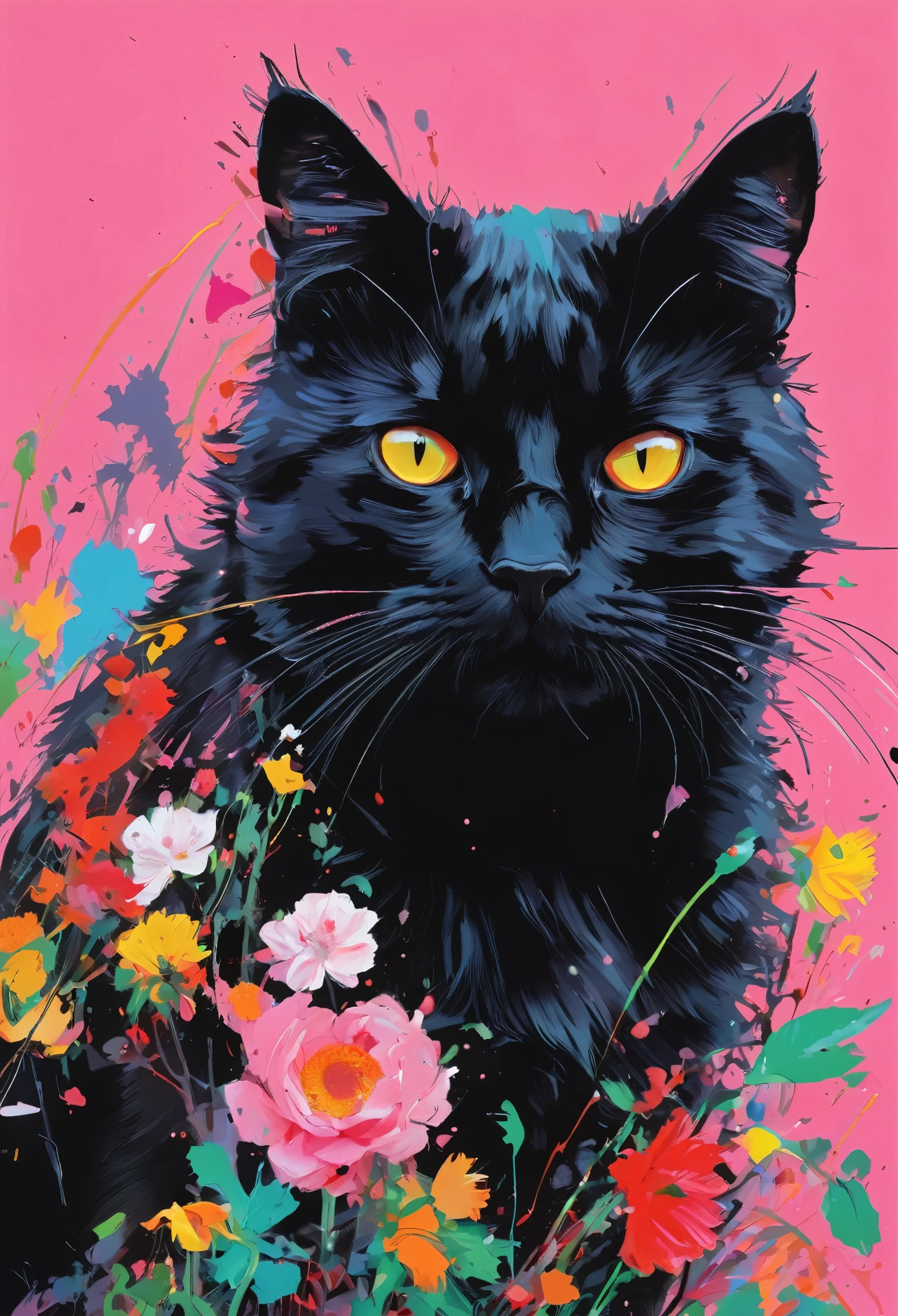 Graffiti, scribble, Comics by Petra Cortright, best quality, masterpiece, Black Cat artwork, Representative work, official art, Professional, Ultra intricate detailed, 8k, Black Cat art, colourful background