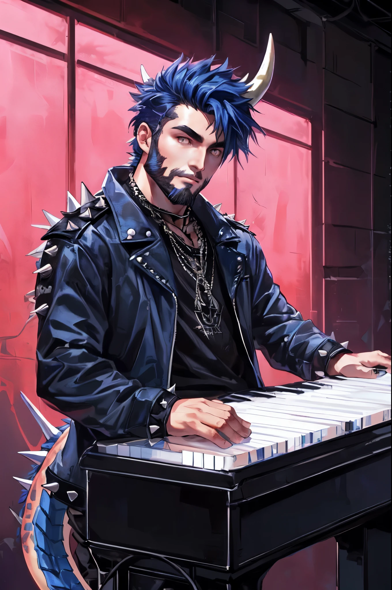 more realistic, anime, style, human man with dark blue hair spiked, horns starting on the back of his head encircling his head pointing forward, dragon tail, punk rock attire