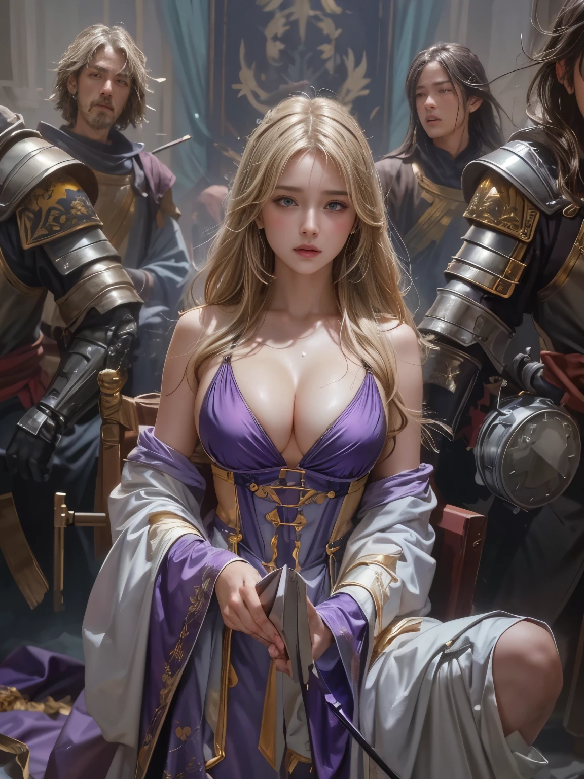 IU1, Serious expression, Model shooting style, (Highly detailed CG Unity 8k wallpaper), Full body photos of the most beautiful works of art in the world, Medieval Armor, Professional, majestic oil painting by Ed Blinky, Atey Gailan, Studio Ghibli, Jeremy Mann, Greg Manchess, Antonio Moro, Trending on Art Station, CGSociety Trends, complicated, High detail, Sharp focus, dramatic, Photorealistic paintings by Midjourney and Greg Rutkowski, Beautify your face, Long Blonde Hair, Big firm Breasts, hard nipples, Sexy, Sharp Eyes, Break, dynamic sexy poses, sweat, cleavage is exposed, Add light purple and purple, Add Light Red, Intricate details, Splash screen,