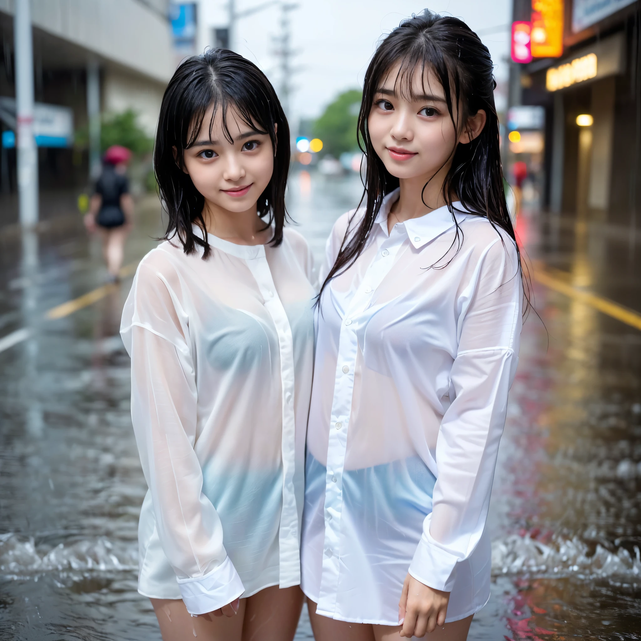 Songkran, wet street party, soaked young girls, drenched, dripping, wet clothes, wet skin, wet hair, 8k, masterpiece, photorealistic, beautiful, happy