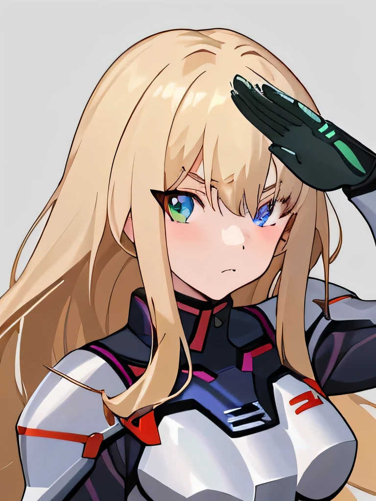 Army girl in cyber armor, with one blue eye and one green eye pretty face with long blonde hair Li Shida, style of ssss.gridman (2018), Saluting

