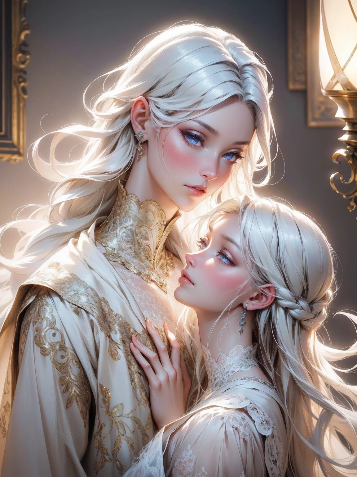 {-erro_de_anatomia:1.0} (best quality,4k,8k,highres,masterpiece:1.2), ultra-detailed, (realistic,photorealistic,photo-realistic:1.37), mature milf, illyasviel von einzbern, white hair, (black skin) upper body, vibrant colors, glowing skin, mesmerizing eyes, brown eyes, elegant pose, enchanting background, delicate lace dress, surreal lighting, ethereal atmosphere, mystical aura, intricate details, artistic medium, digital illustration, fantasy, anime, , kissing a beautiful white man ( white skin)