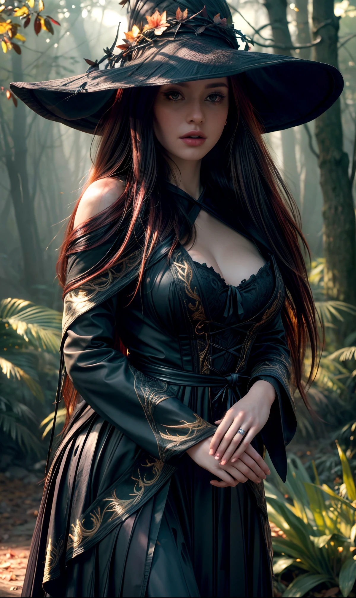 A forest witch detailed beautiful(The forest witch should have a wild, untamed appearance, with long, flowing hair and dark, piercing eyes. Her clothing should be made of natural materials, such as animal skins or leaves, and adorned with symbols of nature and magic), a full moon glowing behind her., The surrounding forest should be dense and mysterious, with gnarled trees and twisting vines that seem to reach out and grasp at the witch, masterpiece, high detailed face, Global illumination, real hair movement, best quality, Sharp Focus, (32k resolution, UHD, HDR)(Kodak gold 200, Portra 400, fujifilm superia), Canon R3,Hasselblad,IMAX, (Canon EF70-200mm f2.8 IS III USM) ((prominent heavy shadows)) (lunar ray time) (octane render:0.89), vibrant colors, soft lighting, natural light, photo realistic, photorealism, 8k, RAW photo, highest quality, masterpiece, ultra-high resolution