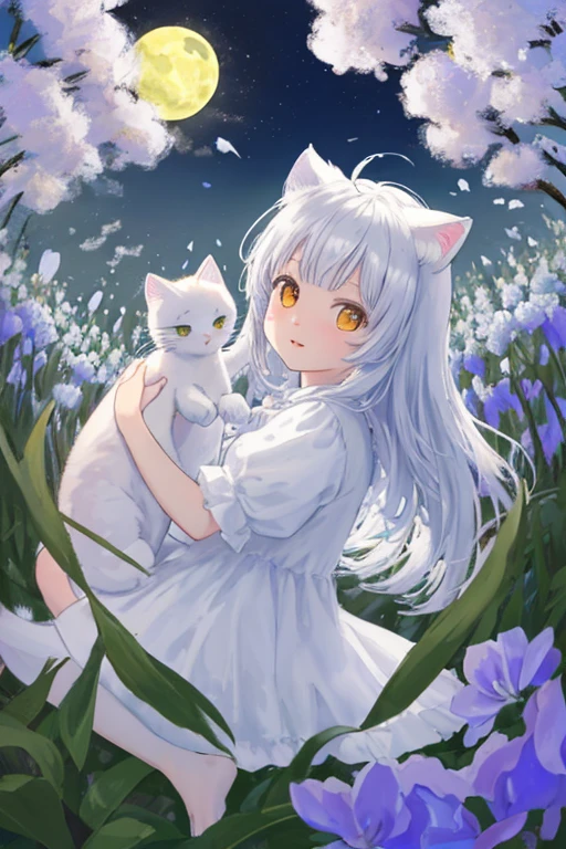 Gatito en el campo de flores con media luna y cielo con nubes. 8k