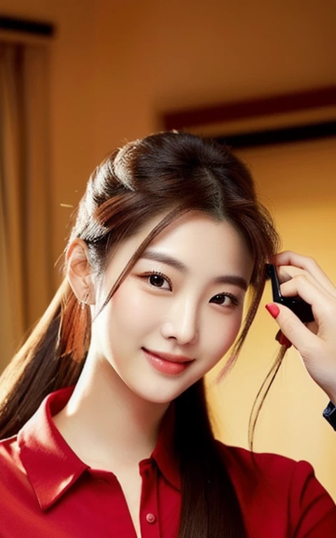 Close-up of a woman in a red shirt taking a photo.., beautiful south ponytail,) long, Flowing hair, korean woman, gorgeous young korean woman, ponytail, beautiful young korean woman, Korean girl, korean woman, Jae Yeon Nam, beautiful asian girl, young asian woman, Beautiful Asian woman, cute korean baby face, Gorgeous Chinese model, Chinese girl, Heonhwa Cho