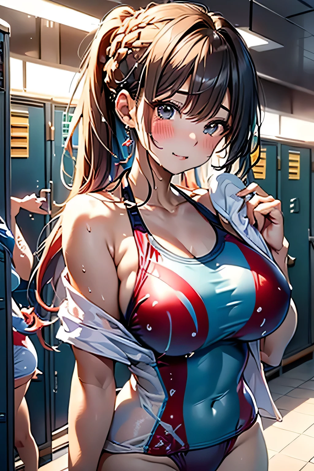 (((locker room:1.3))),(((Sports towel))), (((Changing room 1.3))),(((Uniforms hanging on hangers:1.3))),((Swimsuit change:1.7)),(((Floral Bikini Swimsuit))),Cute Face,Extreme close up of face,Crying face,tears,Cute Face(Silver Hair,Floral knit headband,Half Up、Floral braided space buns,Voluminous fishtail braid,Twisted pan,),(The bangs are see-through),hairpin,hair ornaments,Blushing、Pointed red mouth、Perfect round face,iris,(Perfect body curves),.Wet Hair、Wet swimsuit、Wet Skin、Professional Lighting,Cinematic Light,(Tabletop,highest quality,Ultra-high resolution output images,) ,(8K quality),(Picture Mode Ultra HD),
